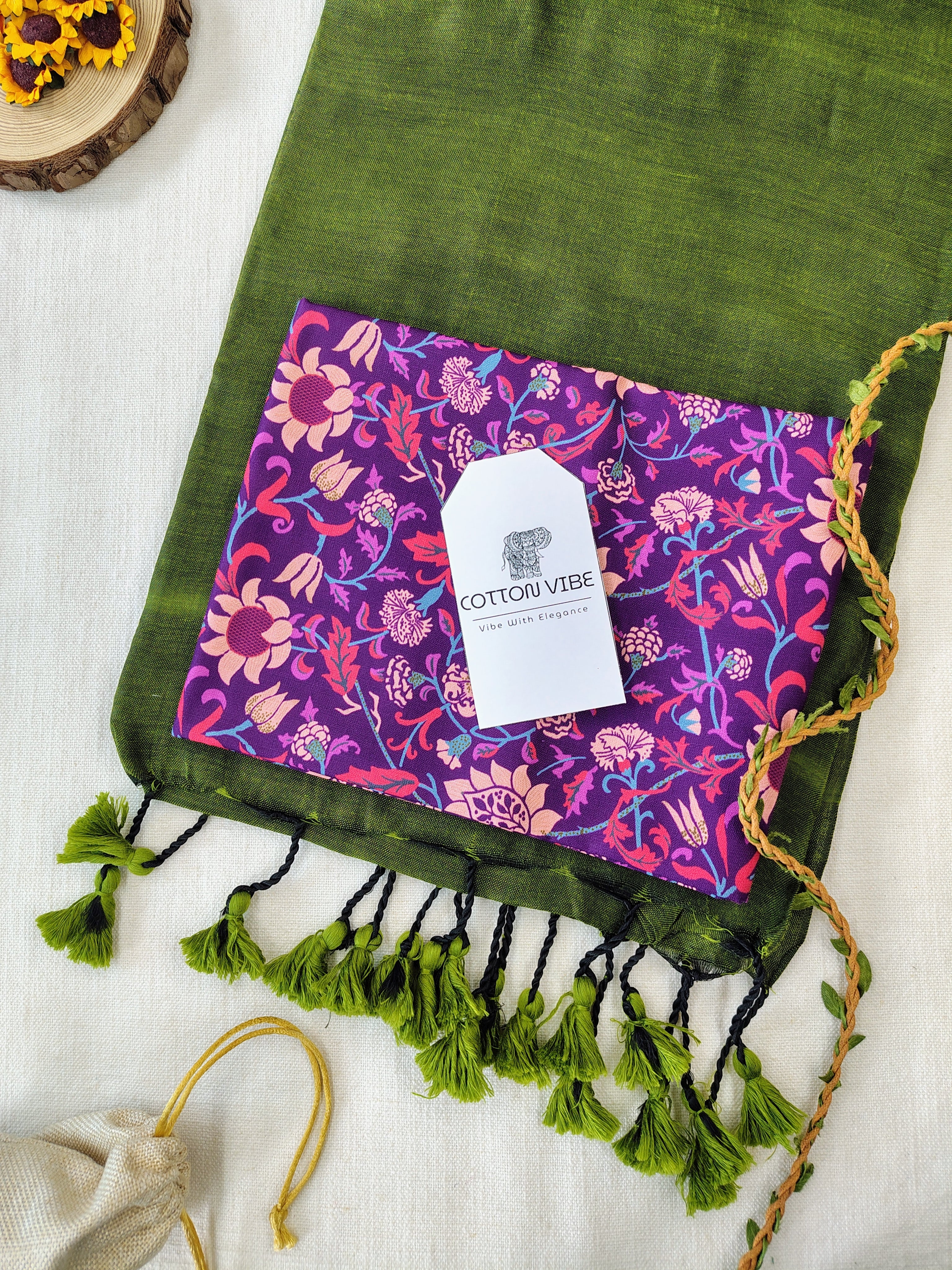 Olive Cotton Khadi Saree With Designer Flower Based Printed Blouse