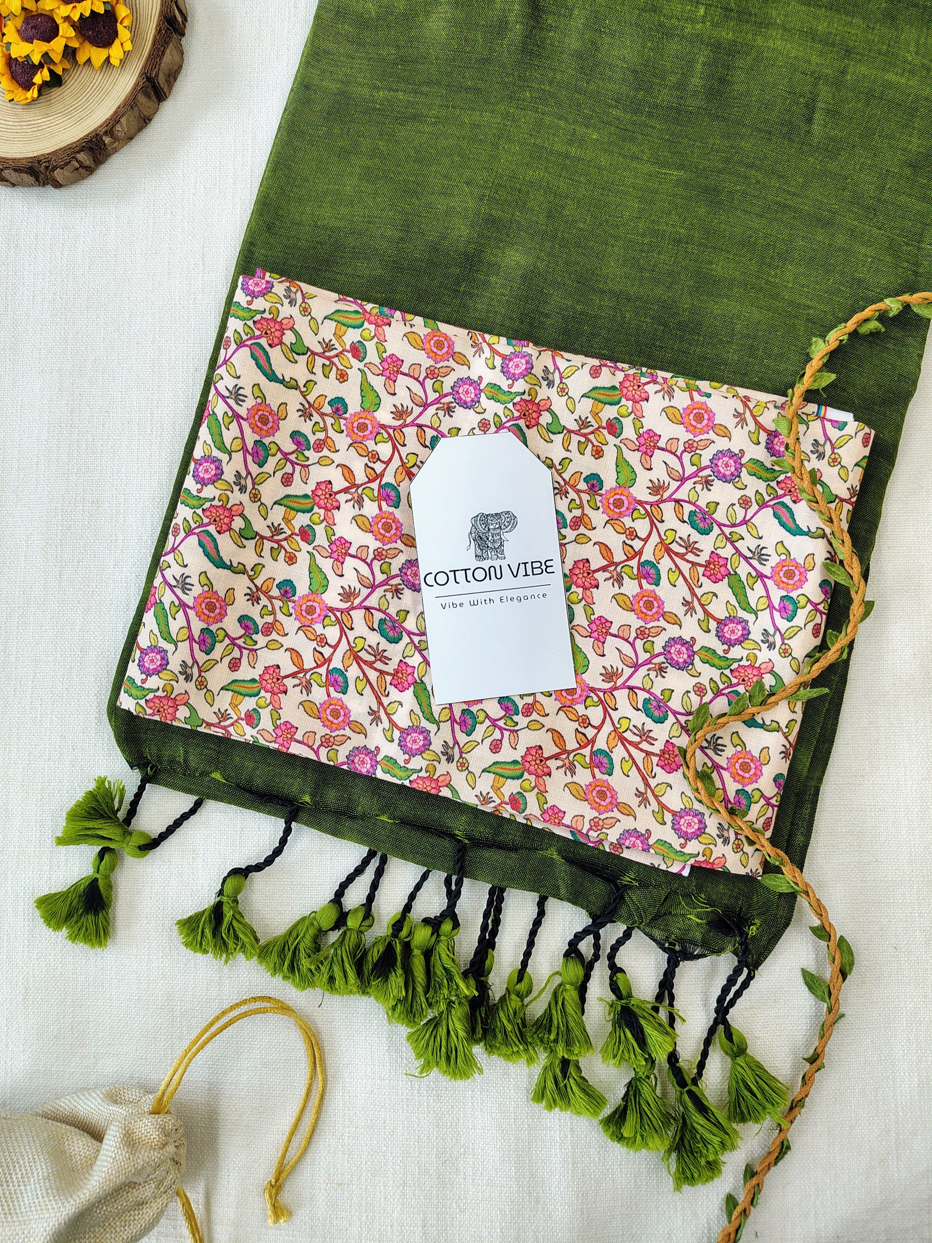 Olive Cotton Khadi Saree With Designer Flower Based Printed Blouse