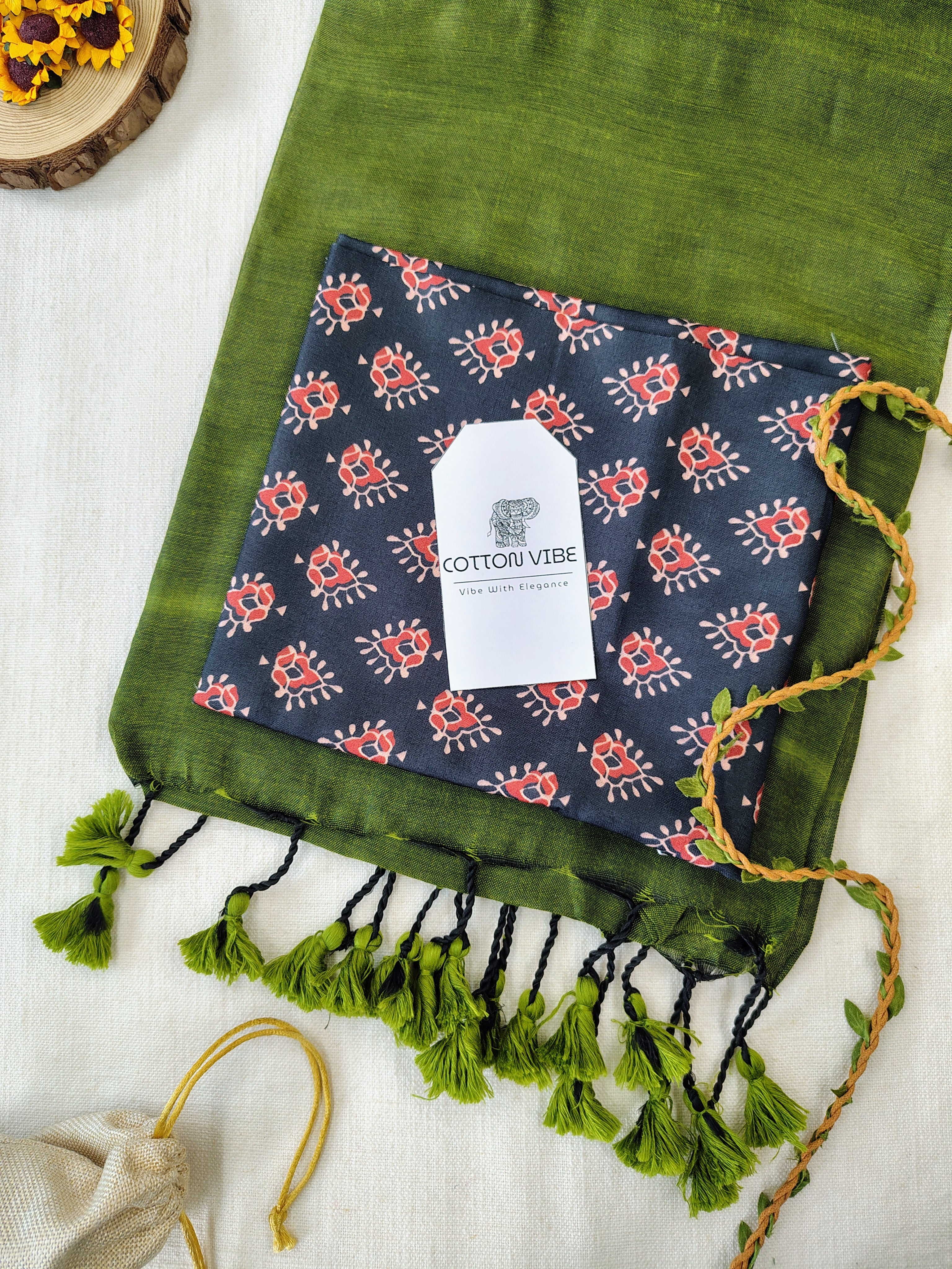 Olive Cotton Khadi Saree With Designer Flower Based Printed Blouse