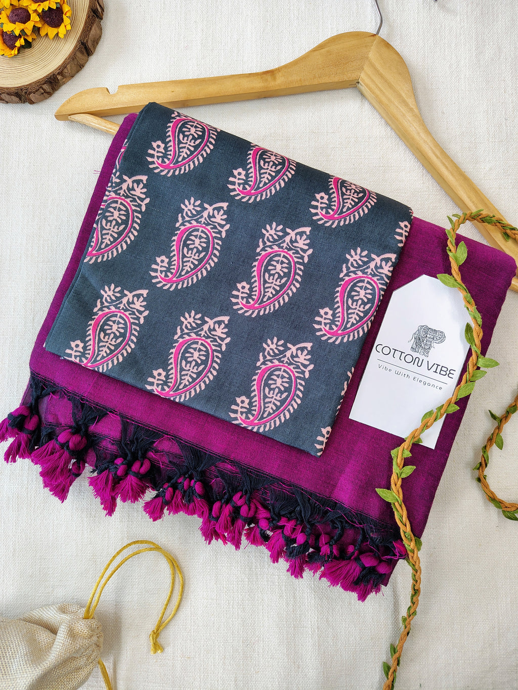 Purple Cotton Khadi Saree With Designer Flower Based Printed Blouse