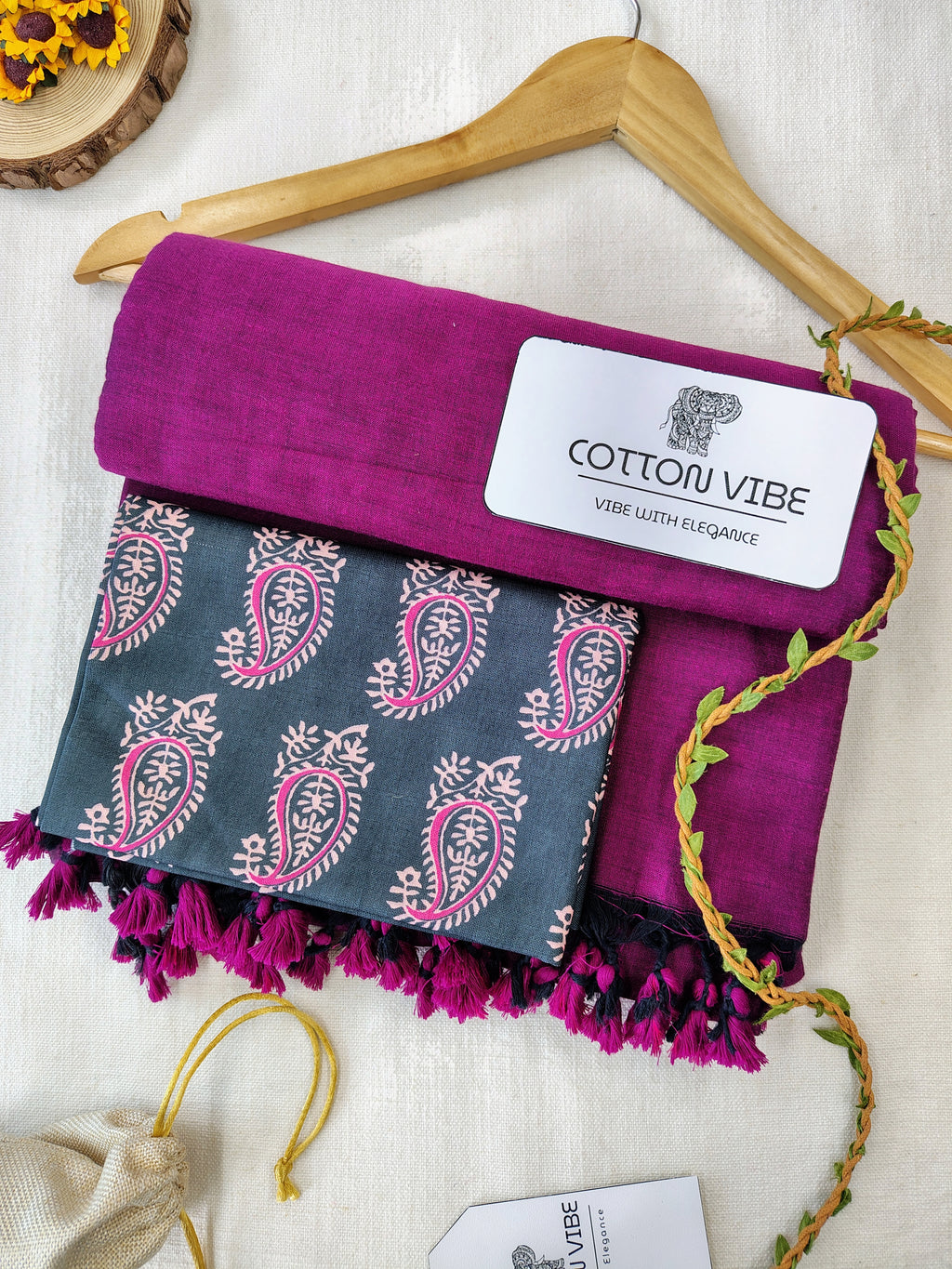 Purple Cotton Khadi Saree With Designer Flower Based Printed Blouse