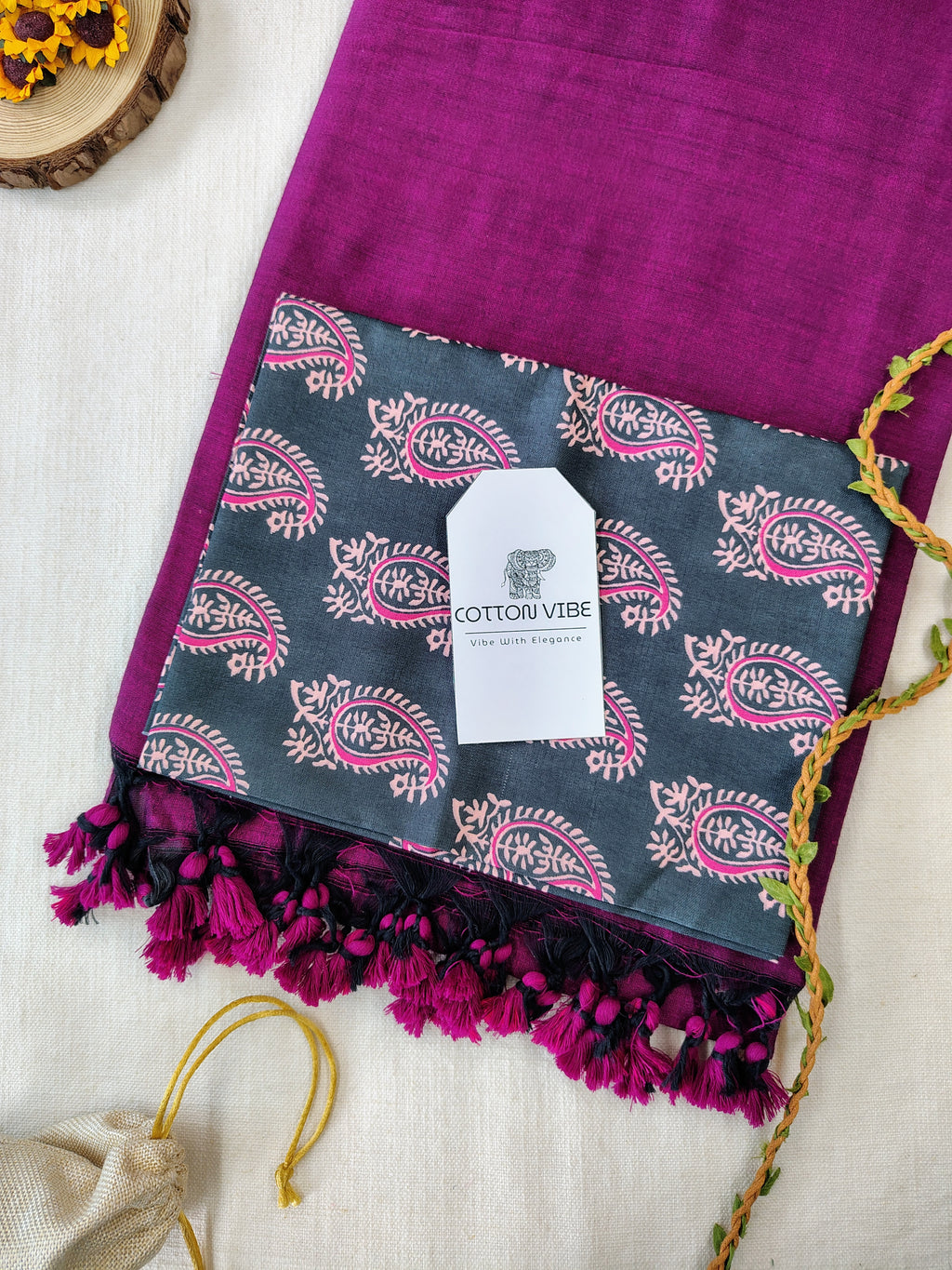 Purple Cotton Khadi Saree With Designer Flower Based Printed Blouse