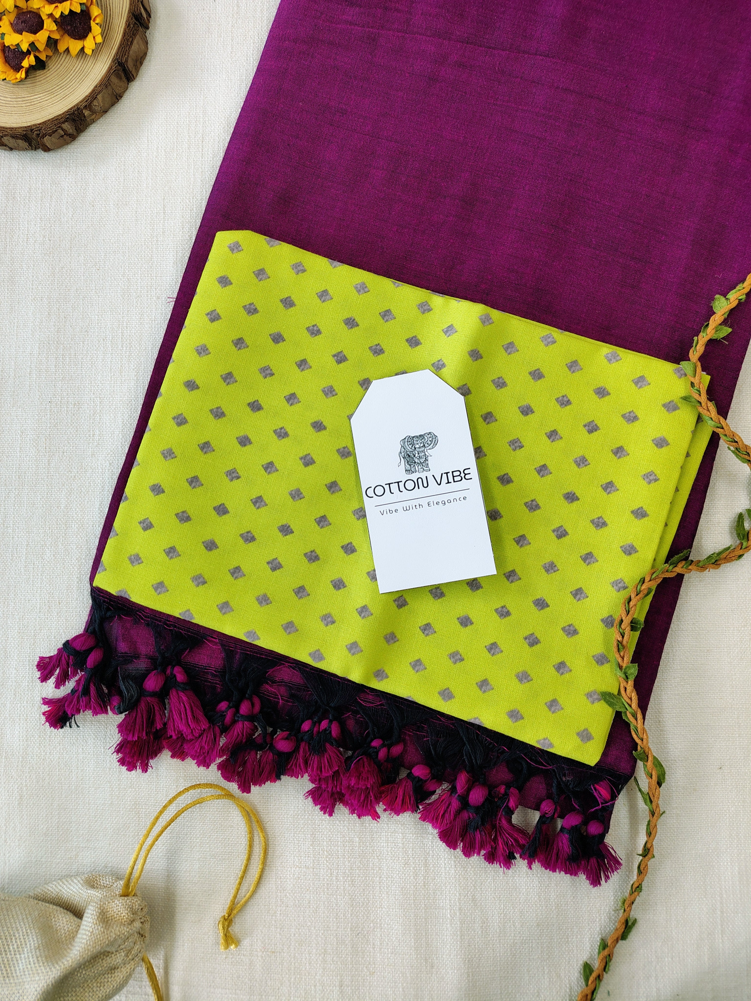 Purple Cotton Khadi Saree With Designer Flower Based Printed Blouse