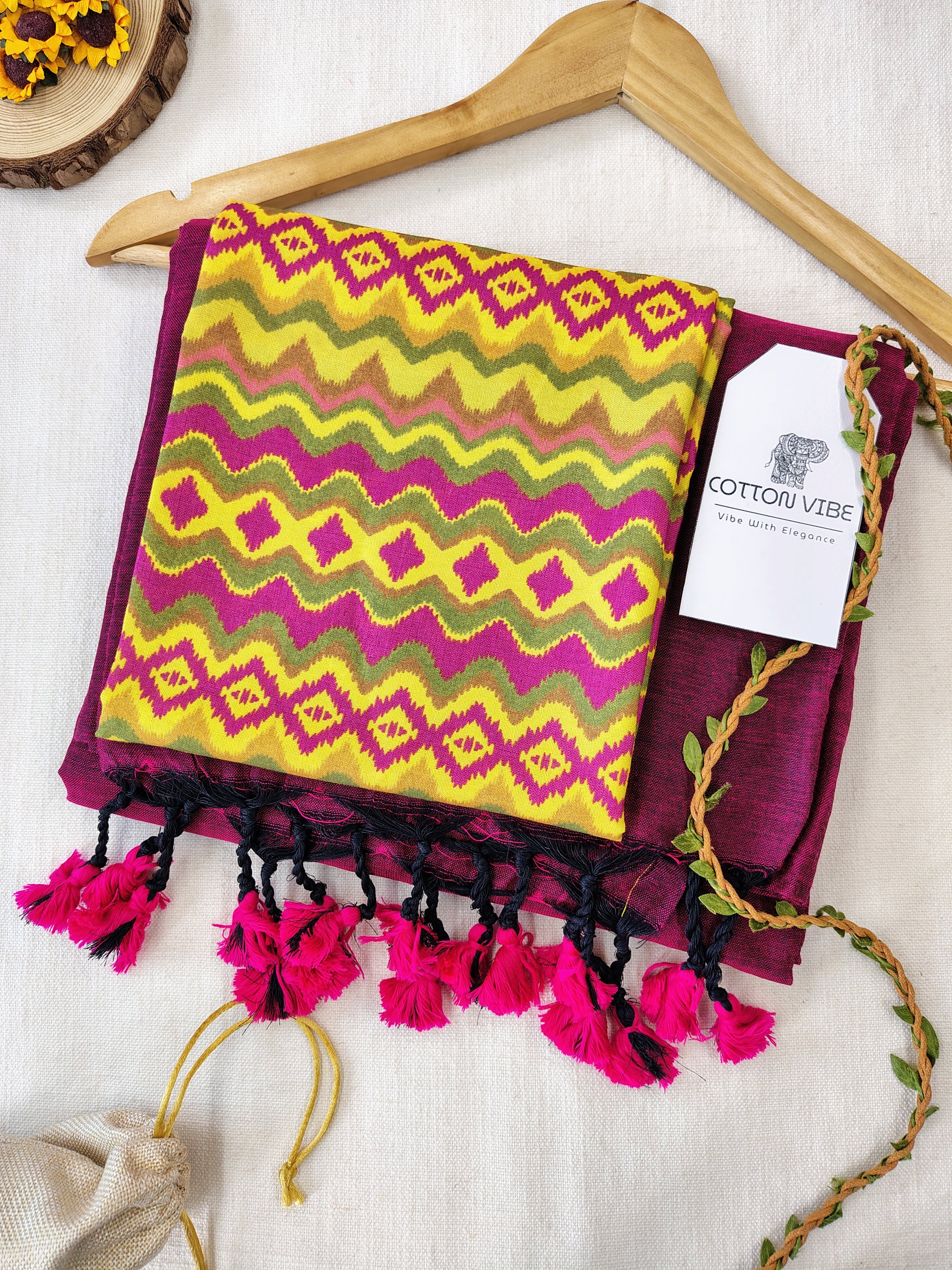 Purple Cotton Khadi Saree With Designer Flower Based Printed Blouse