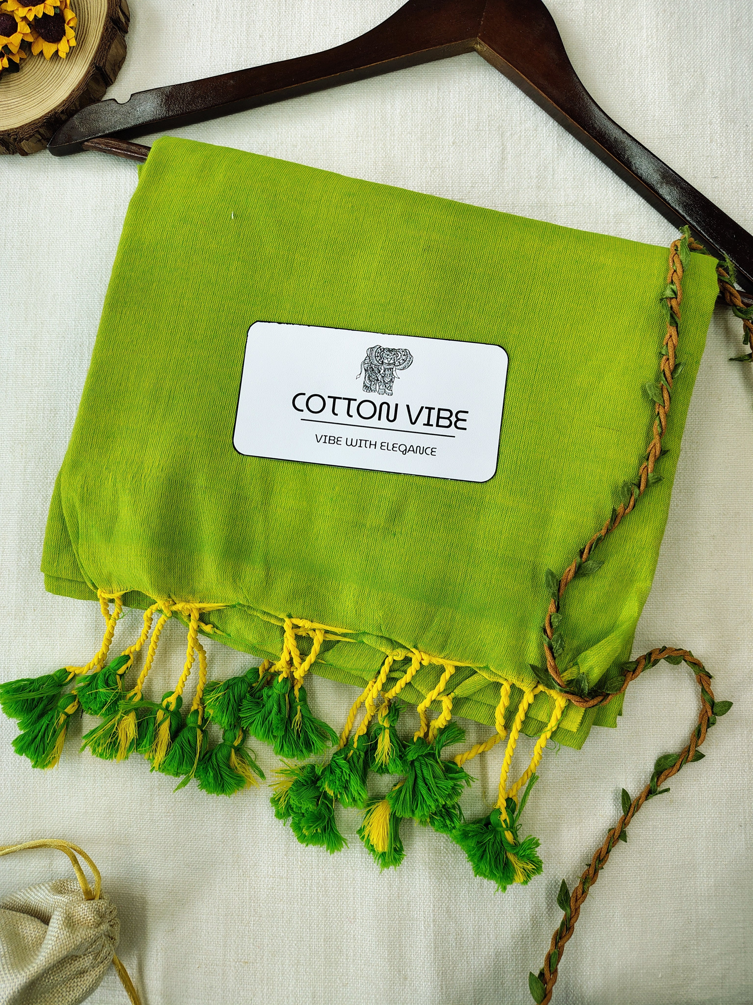 Parrot Cotton Khadi Saree With Designer Flower Based Printed Blouse