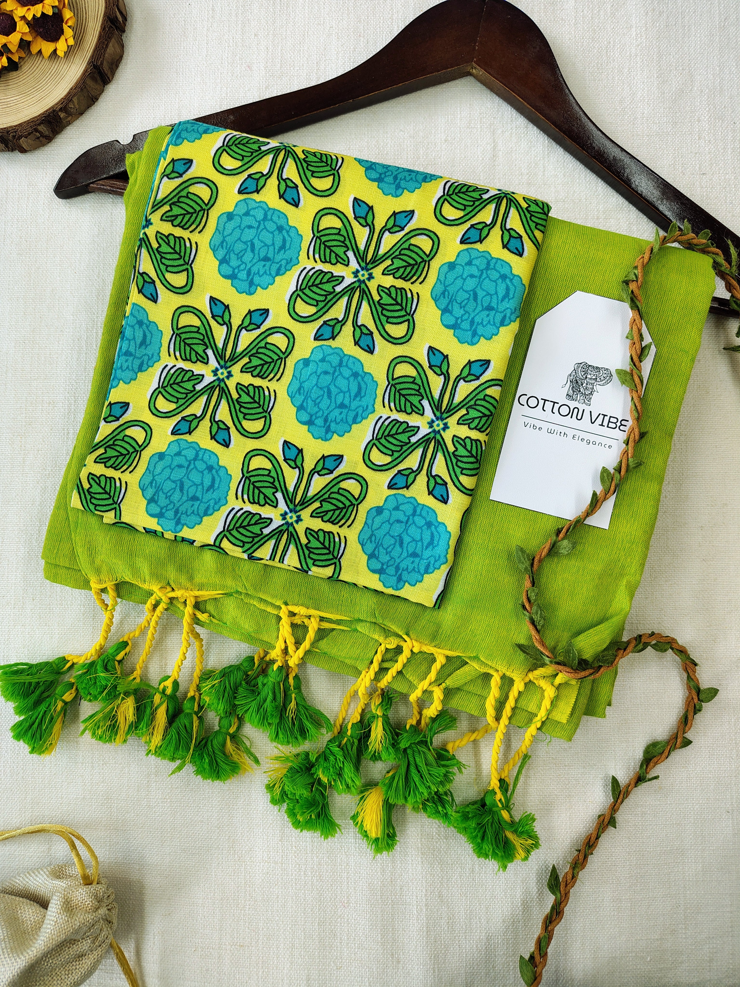 Parrot Cotton Khadi Saree With Designer Flower Based Printed Blouse