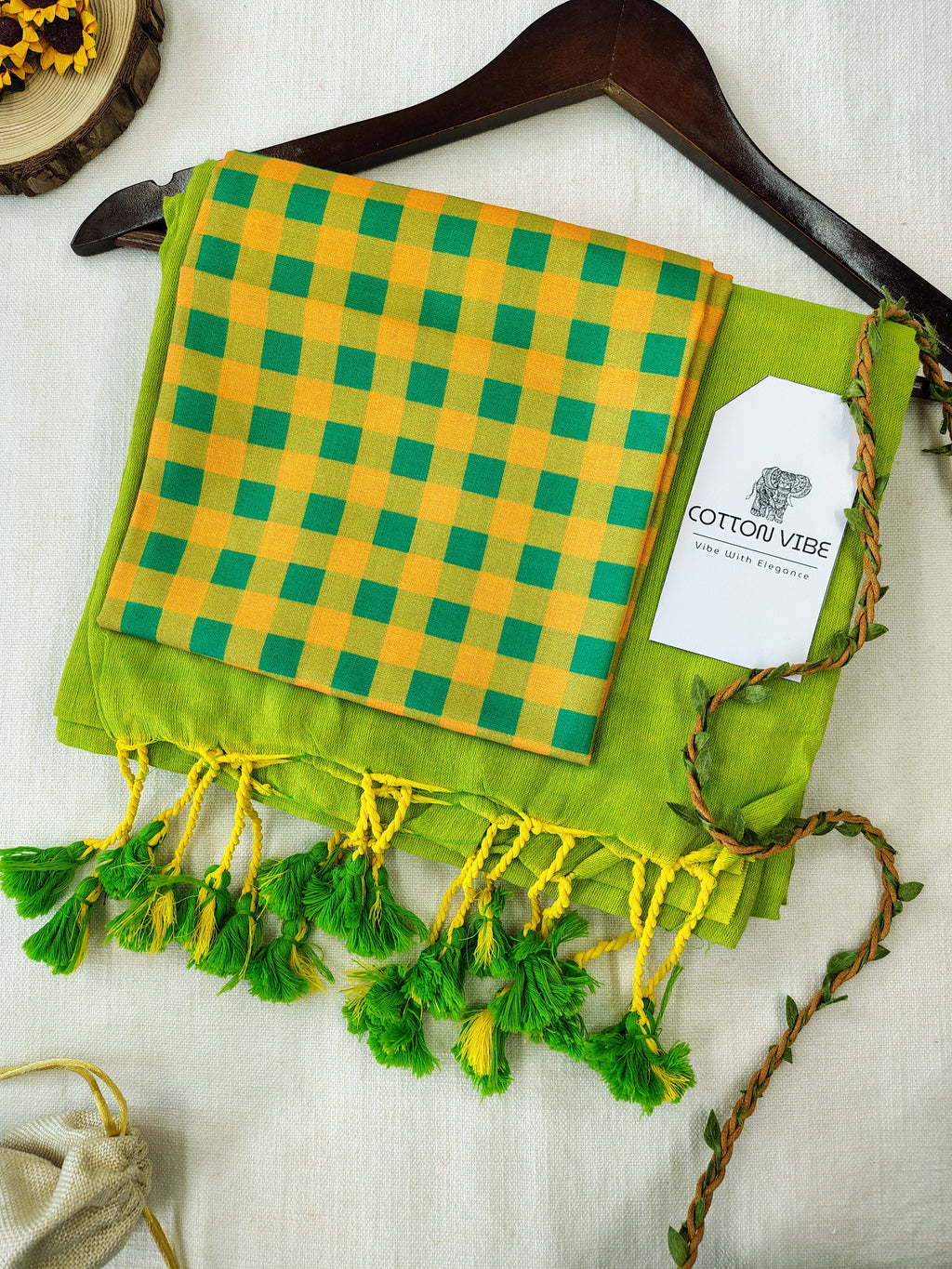 Parrot Cotton Khadi Saree With Designer Flower Based Printed Blouse