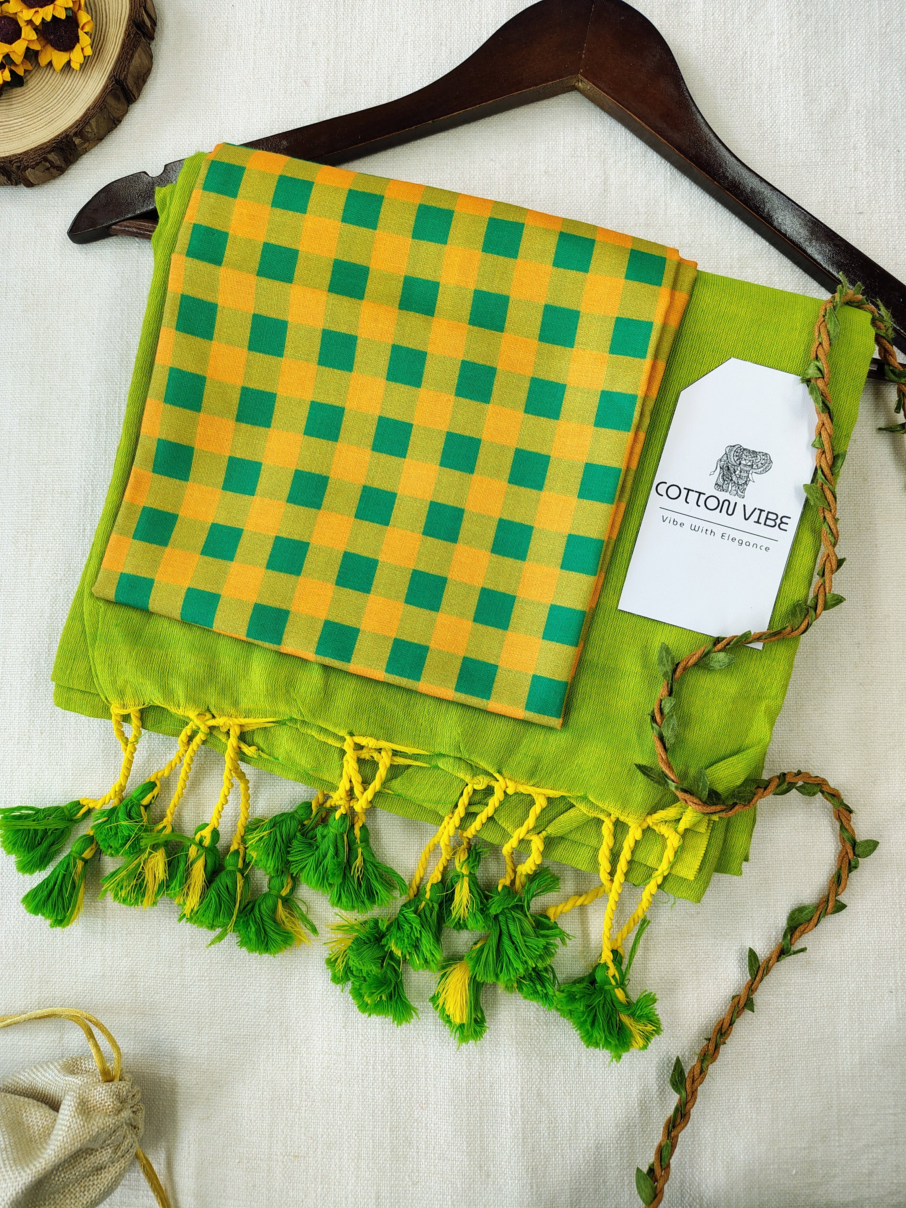 Parrot Cotton Khadi Saree With Designer Flower Based Printed Blouse