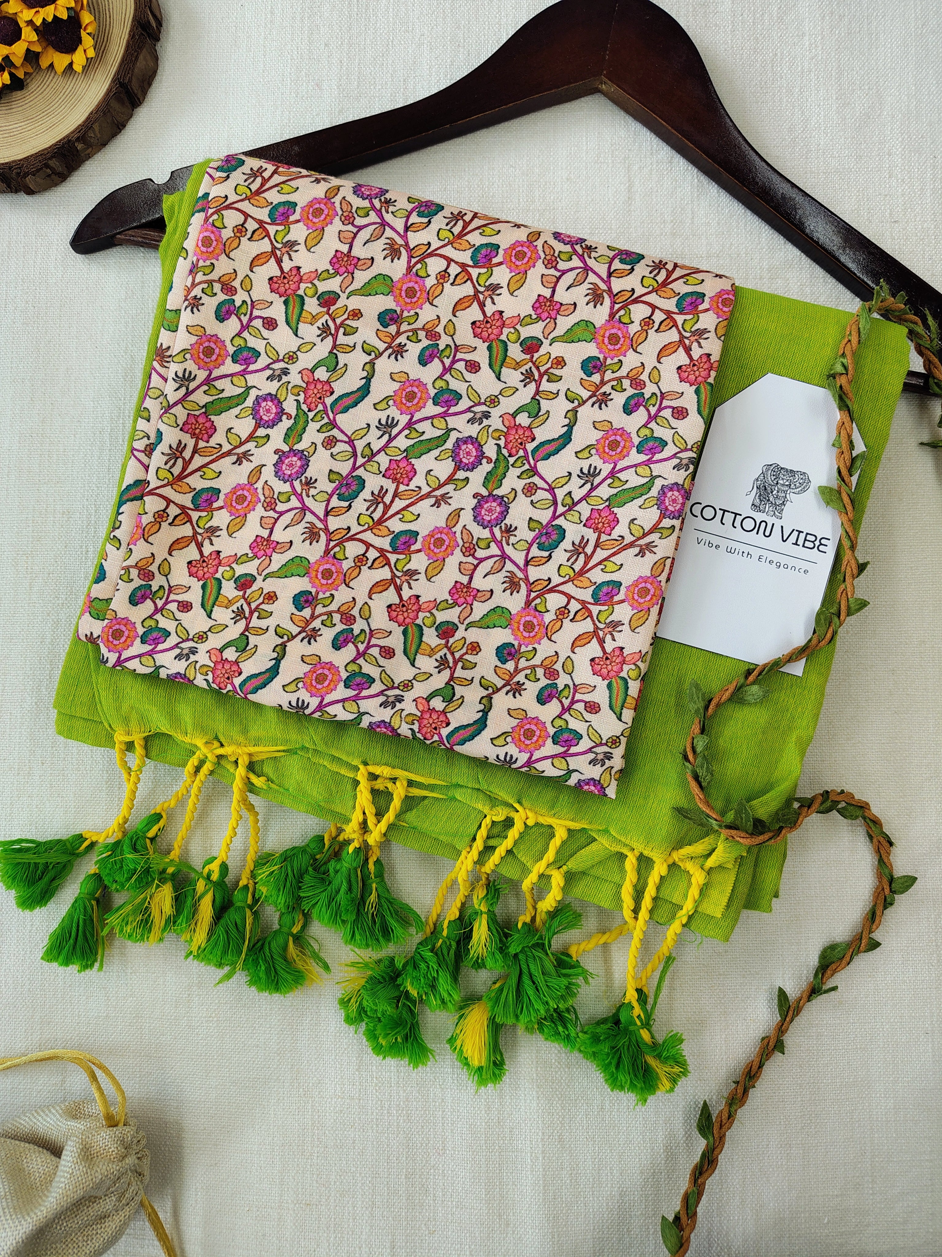 Parrot Cotton Khadi Saree With Designer Flower Based Printed Blouse