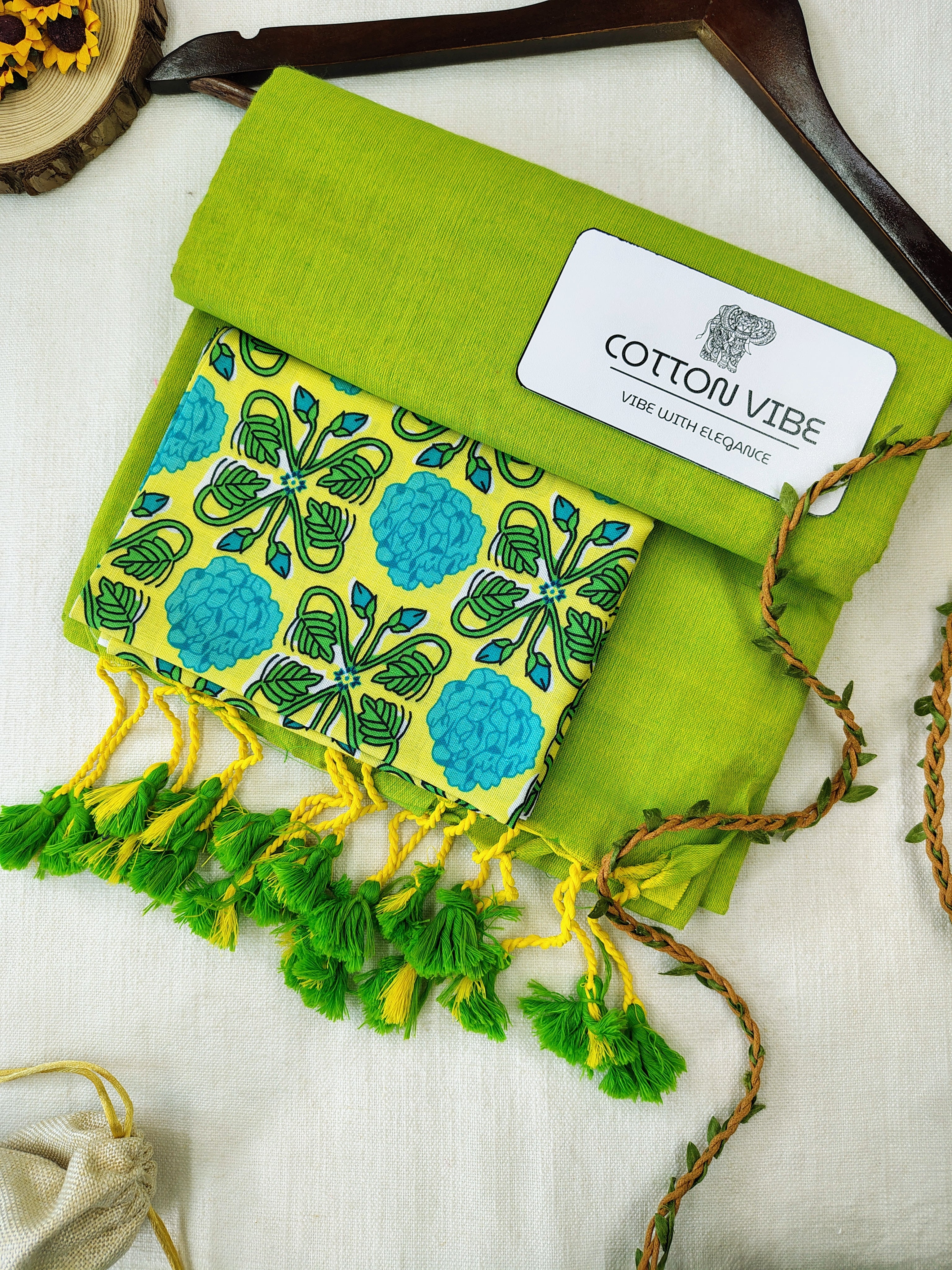 Parrot Cotton Khadi Saree With Designer Flower Based Printed Blouse