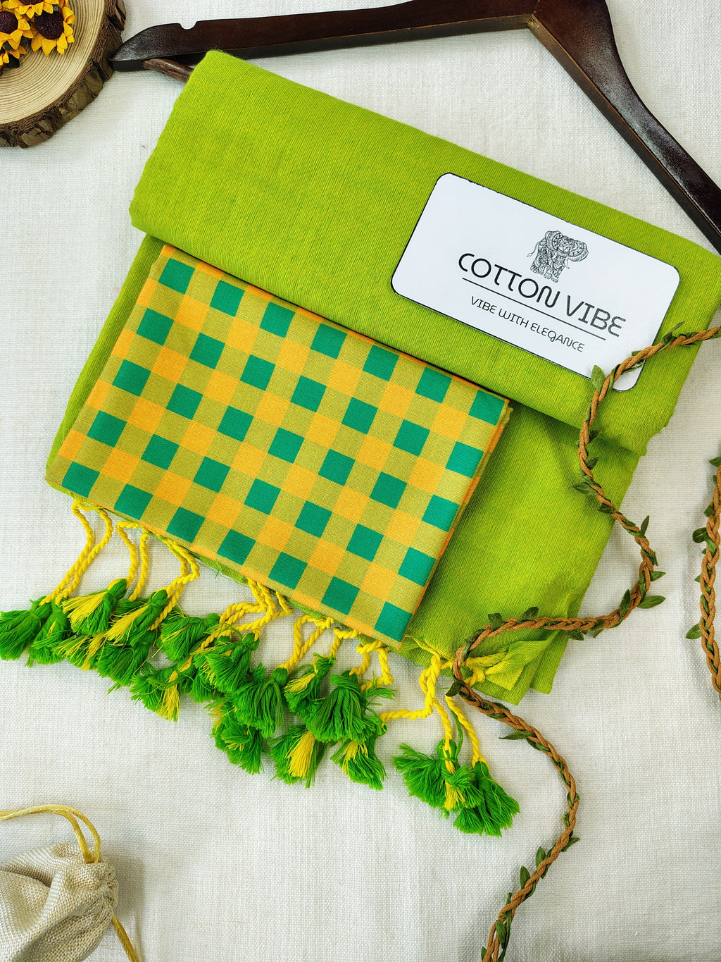 Parrot Cotton Khadi Saree With Designer Flower Based Printed Blouse