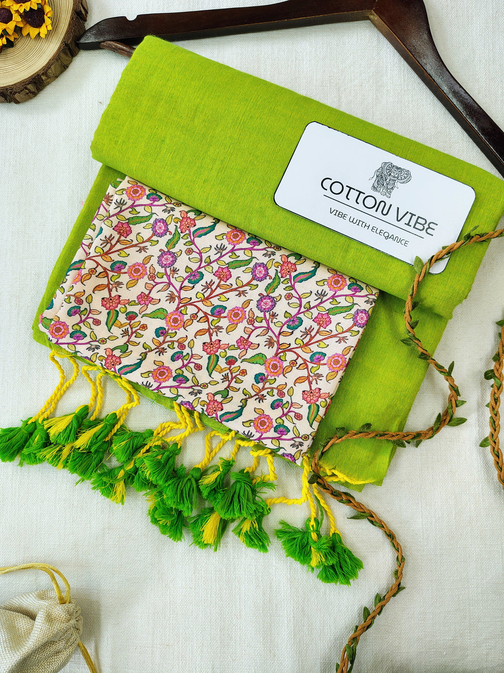 Parrot Cotton Khadi Saree With Designer Flower Based Printed Blouse