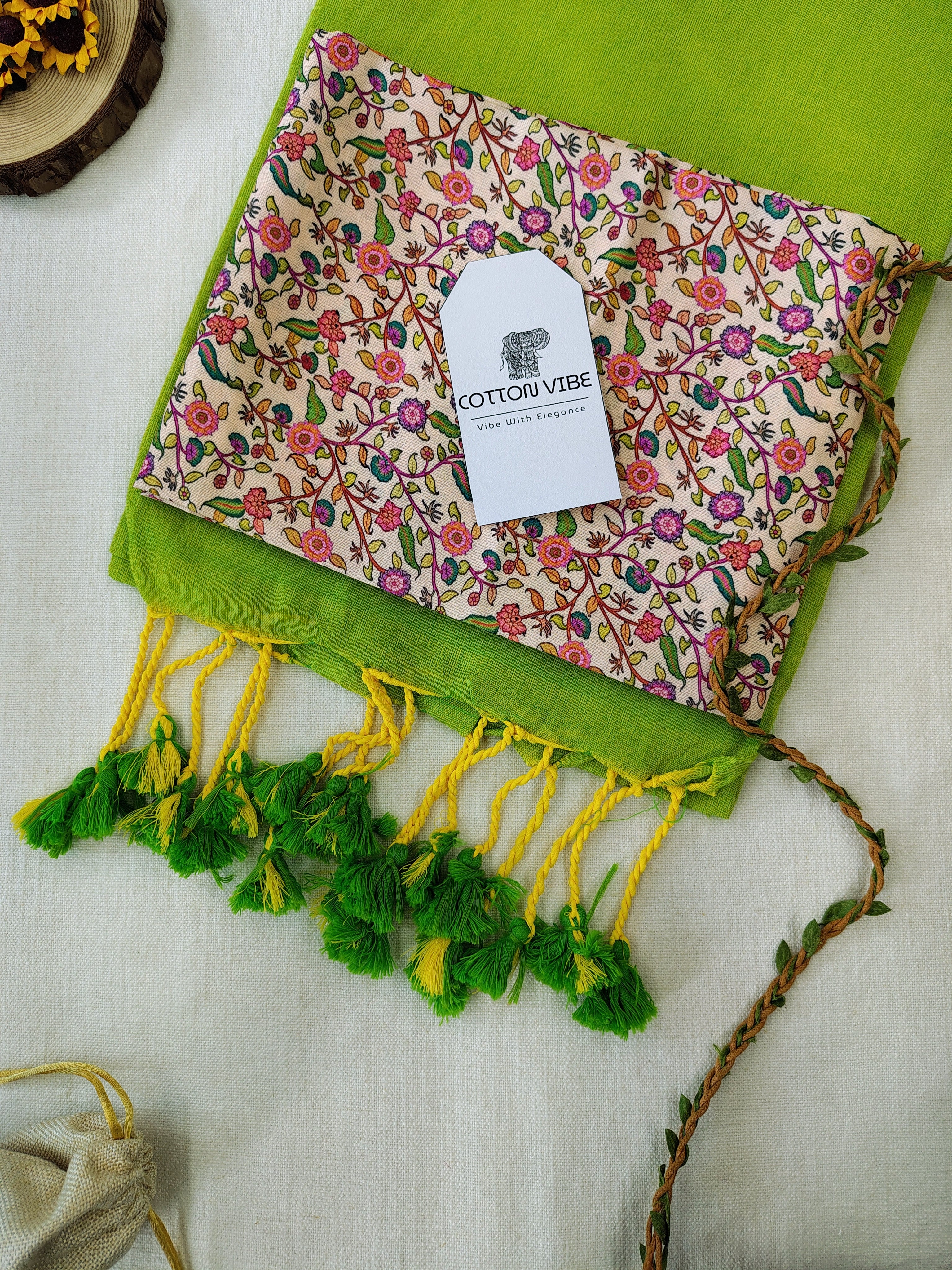 Parrot Cotton Khadi Saree With Designer Flower Based Printed Blouse