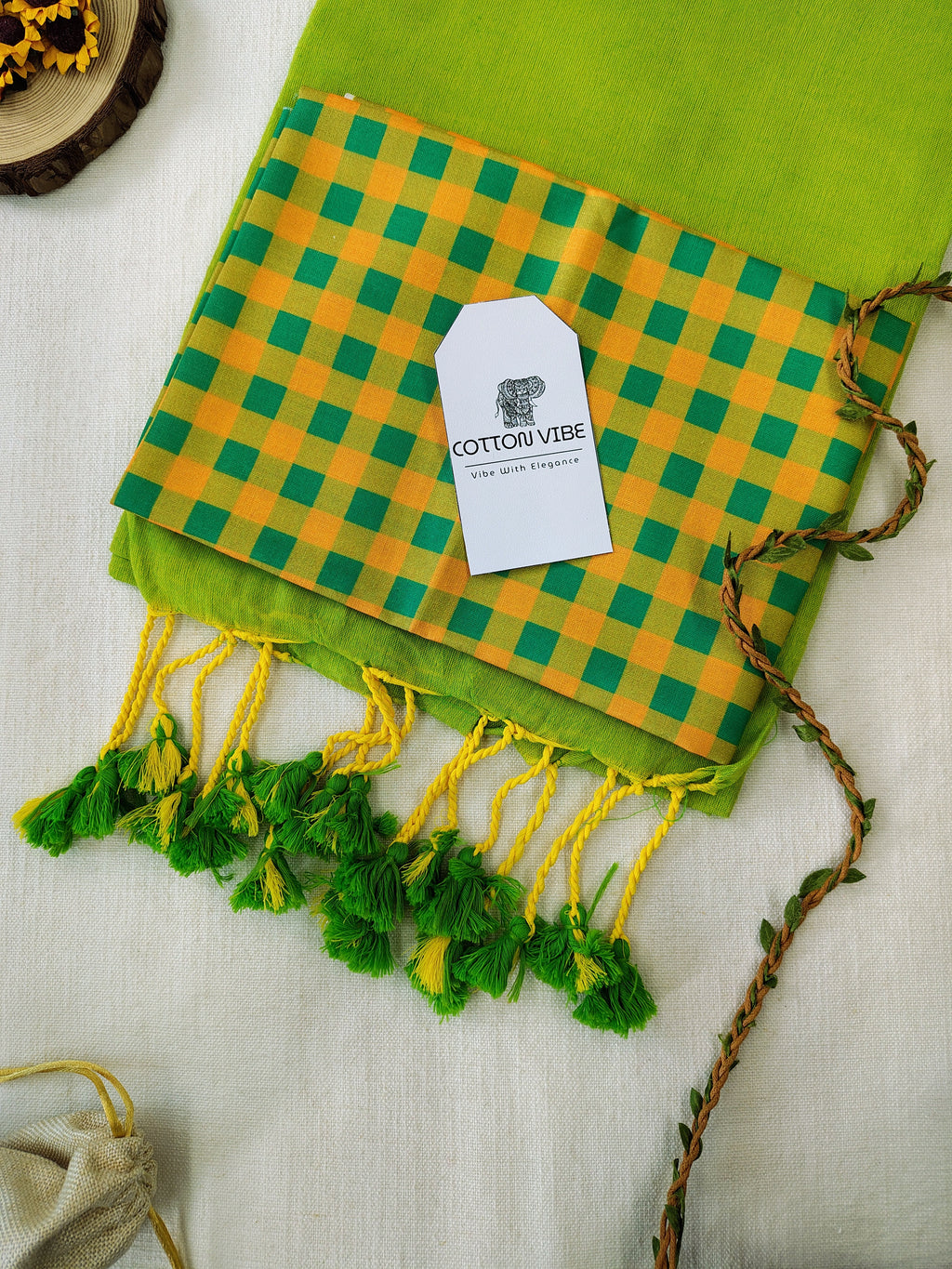 Parrot Cotton Khadi Saree With Designer Flower Based Printed Blouse