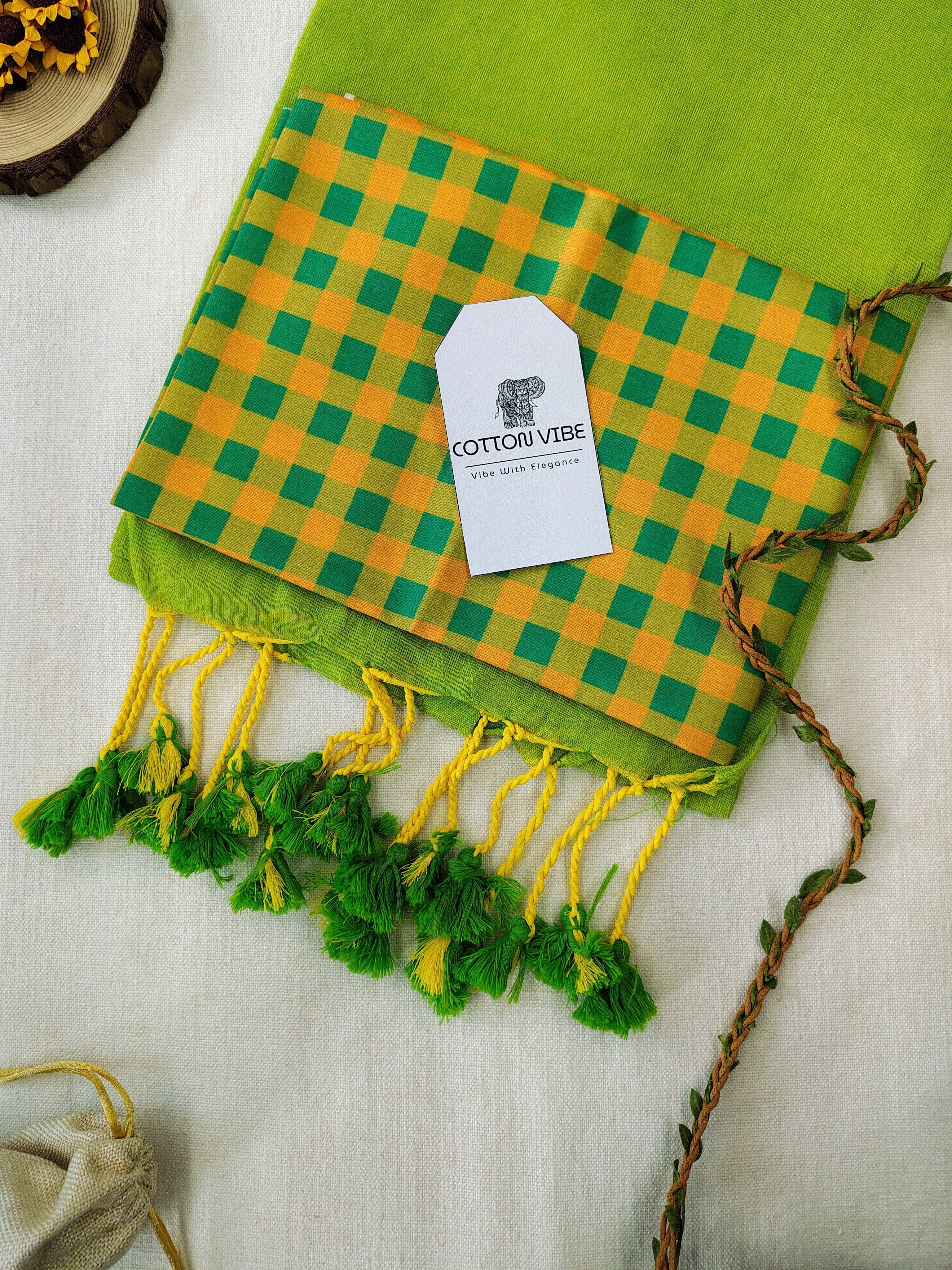 Parrot Cotton Khadi Saree With Designer Flower Based Printed Blouse