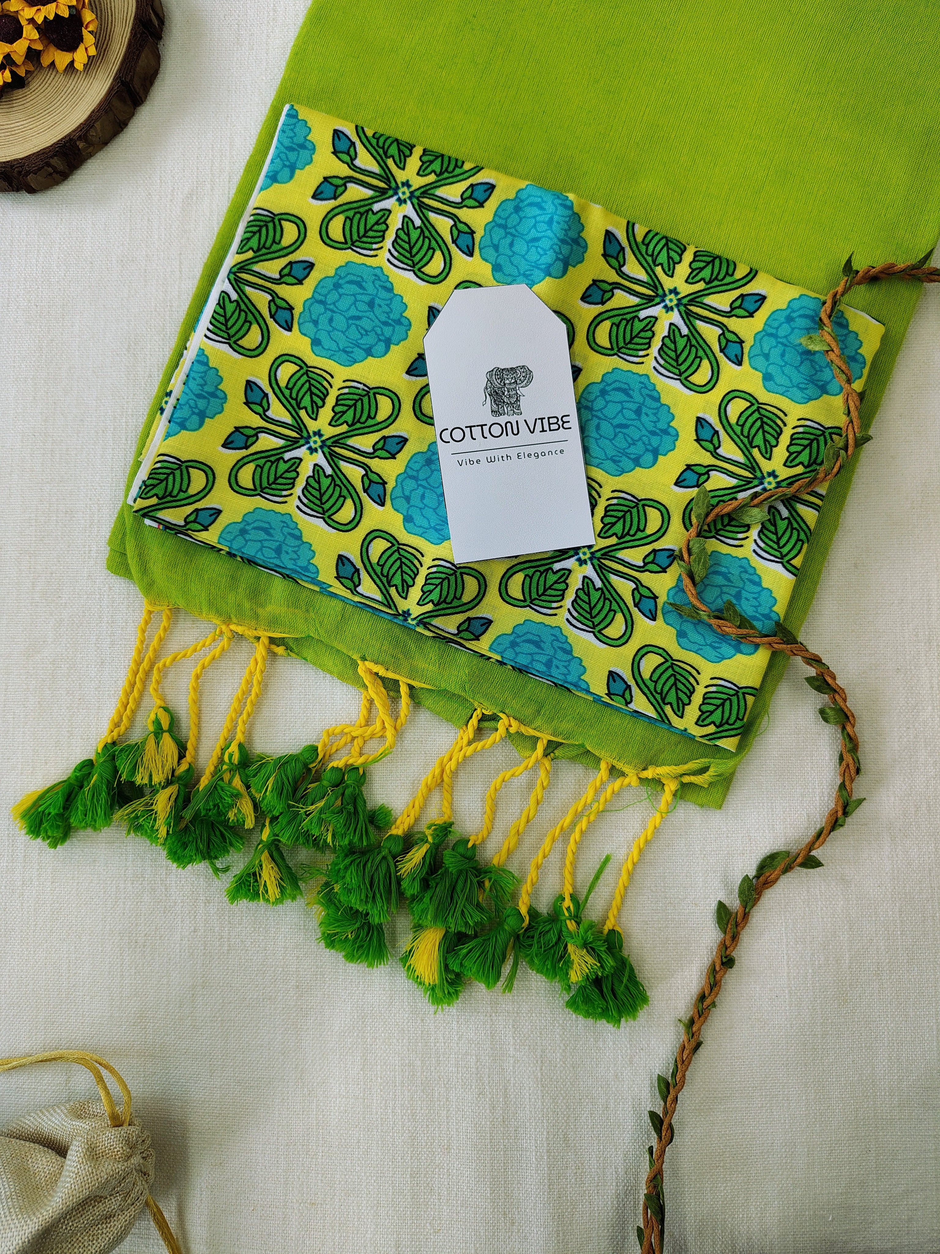 Parrot Cotton Khadi Saree With Designer Flower Based Printed Blouse