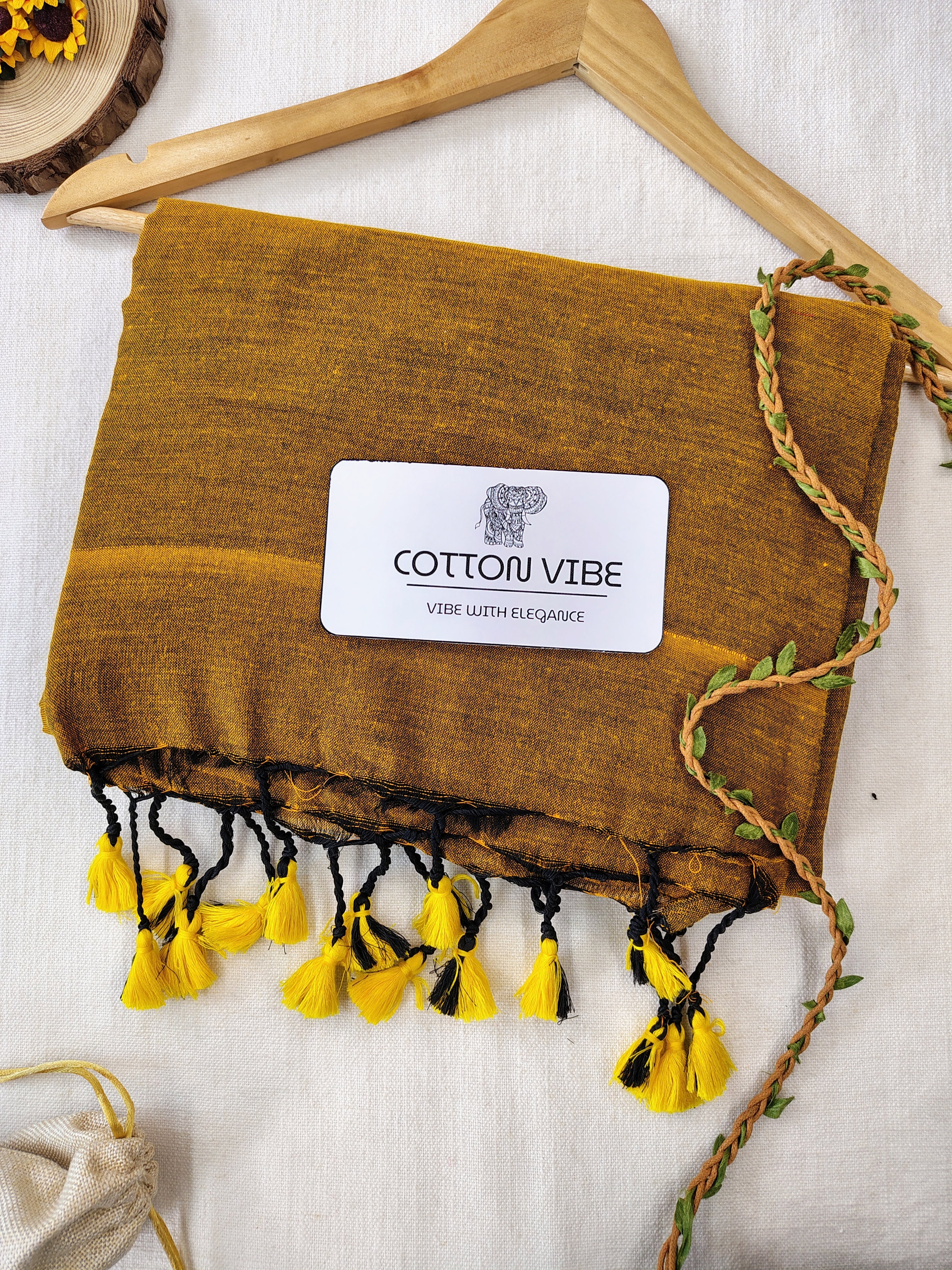 Mustard Cotton Khadi Saree With Designer Flower Based Printed Blouse