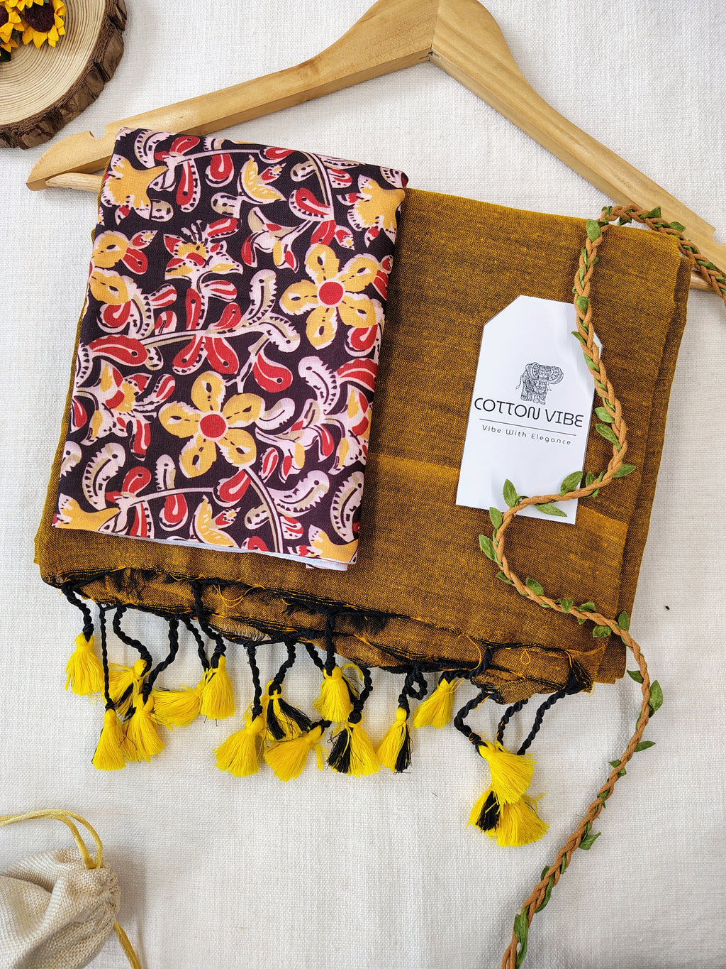 Mustard Cotton Khadi Saree With Designer Flower Based Printed Blouse