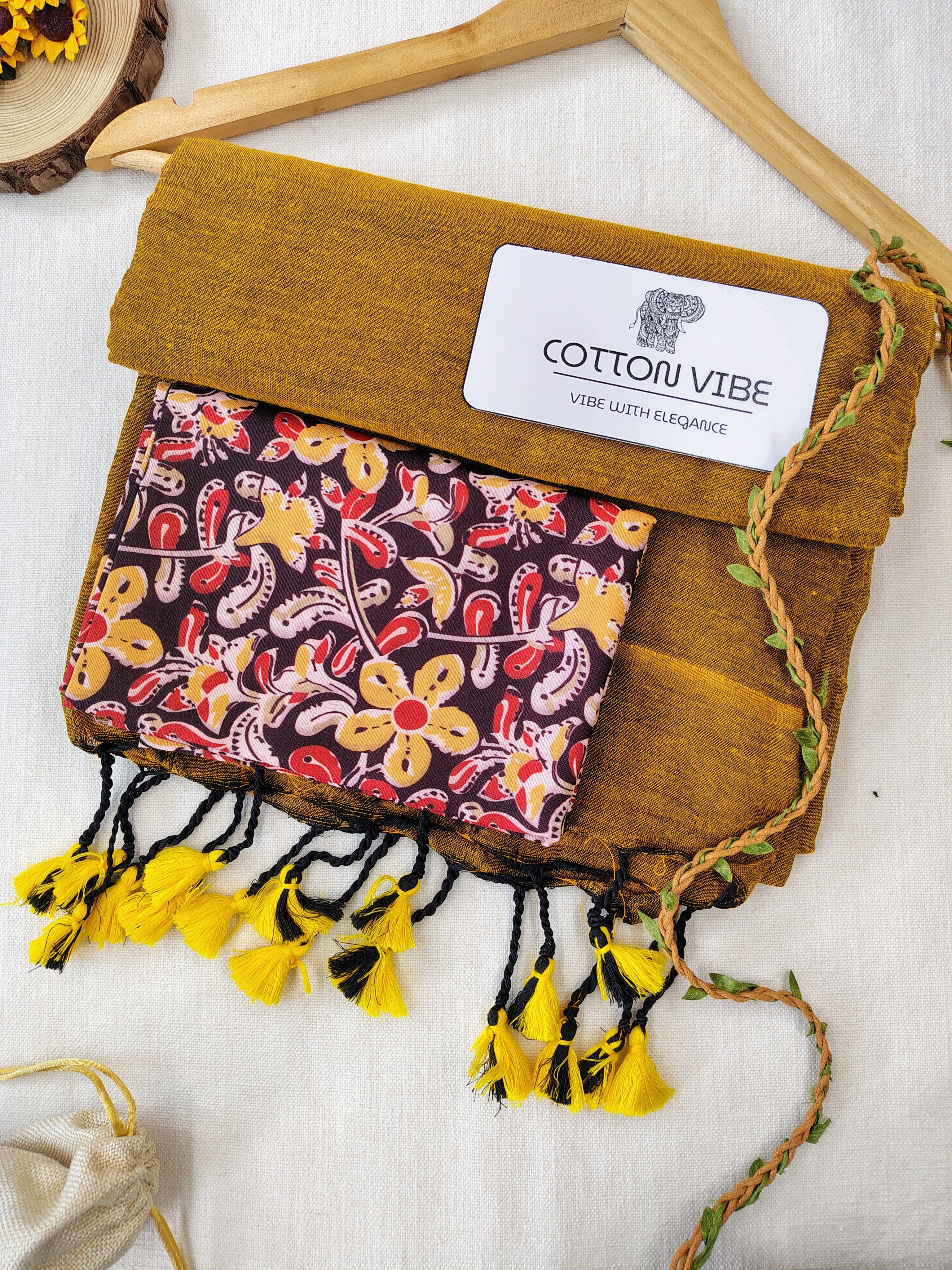 Mustard Cotton Khadi Saree With Designer Flower Based Printed Blouse