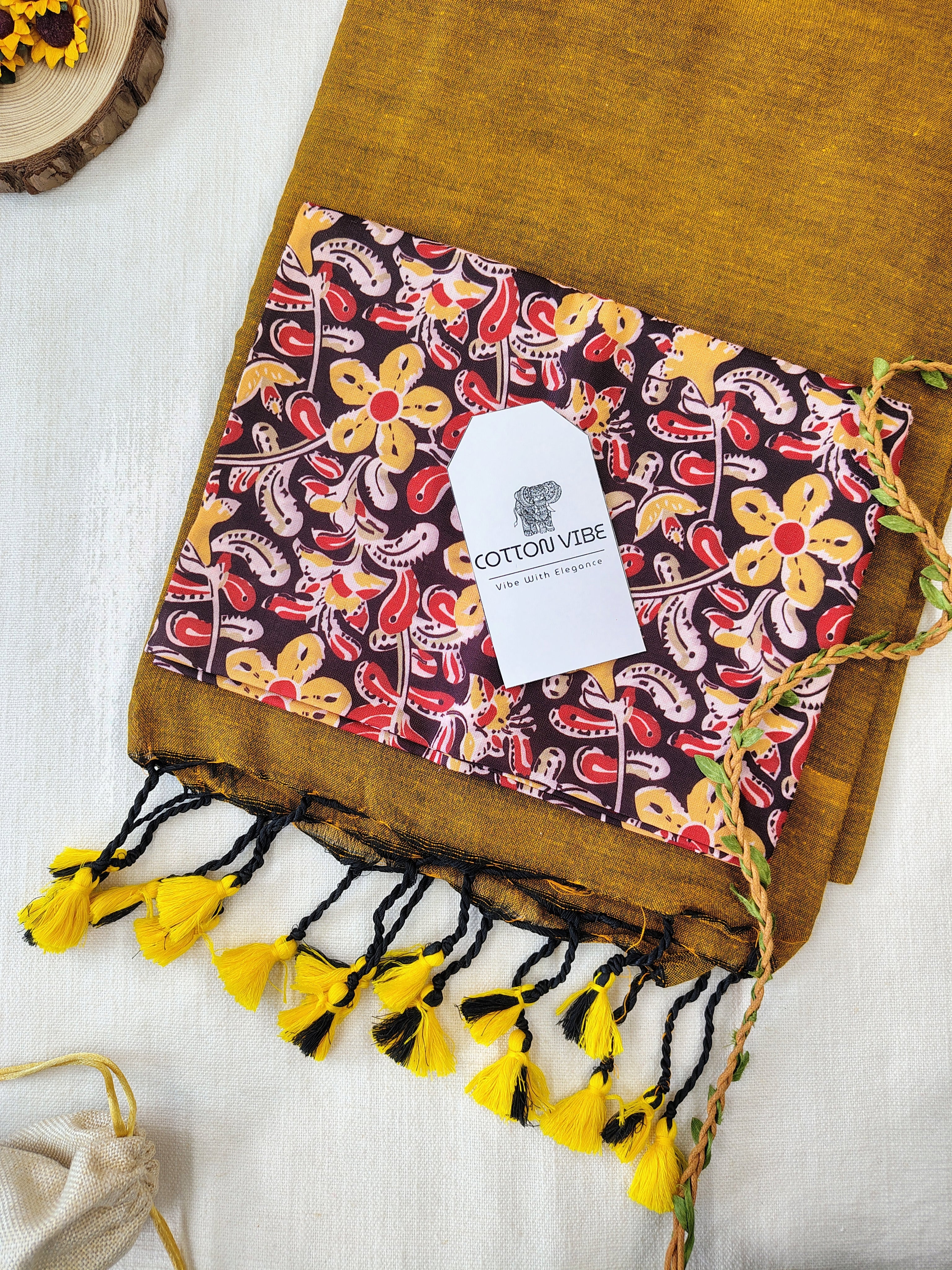 Mustard Cotton Khadi Saree With Designer Flower Based Printed Blouse