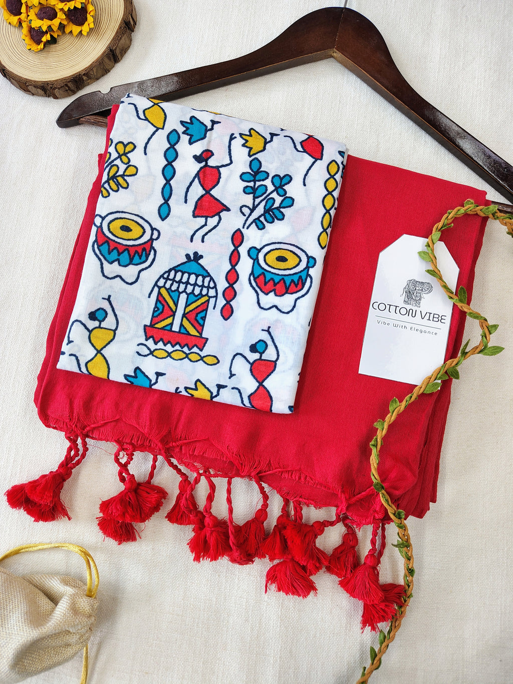 Red Cotton Khadi Saree With Designer Flower Based Printed Blouse