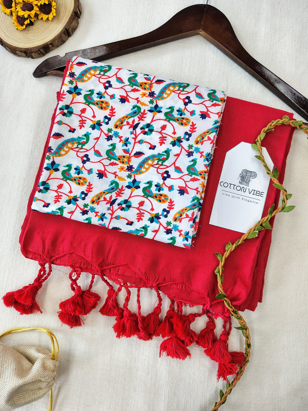 Red Cotton Khadi Saree With Designer Flower Based Printed Blouse