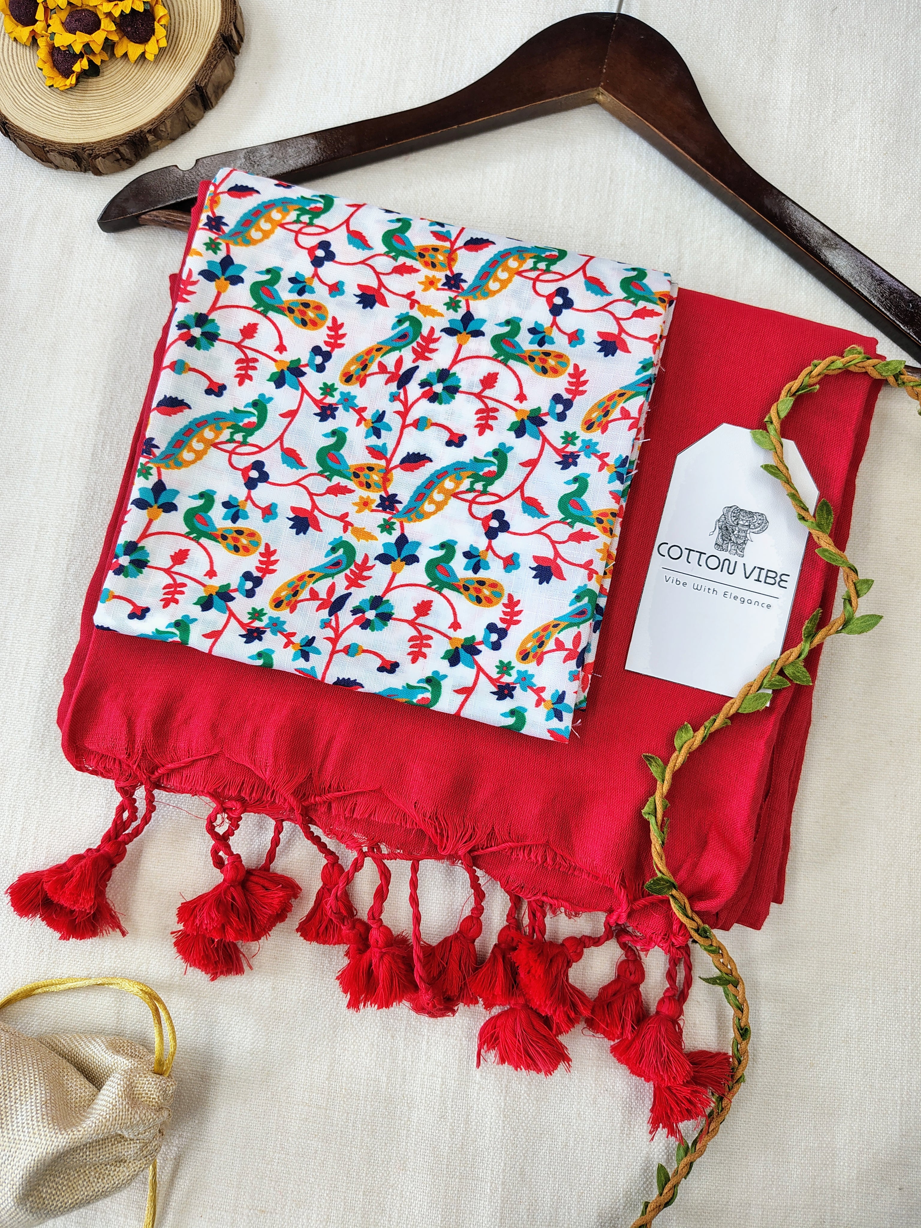 Red Cotton Khadi Saree With Designer Flower Based Printed Blouse