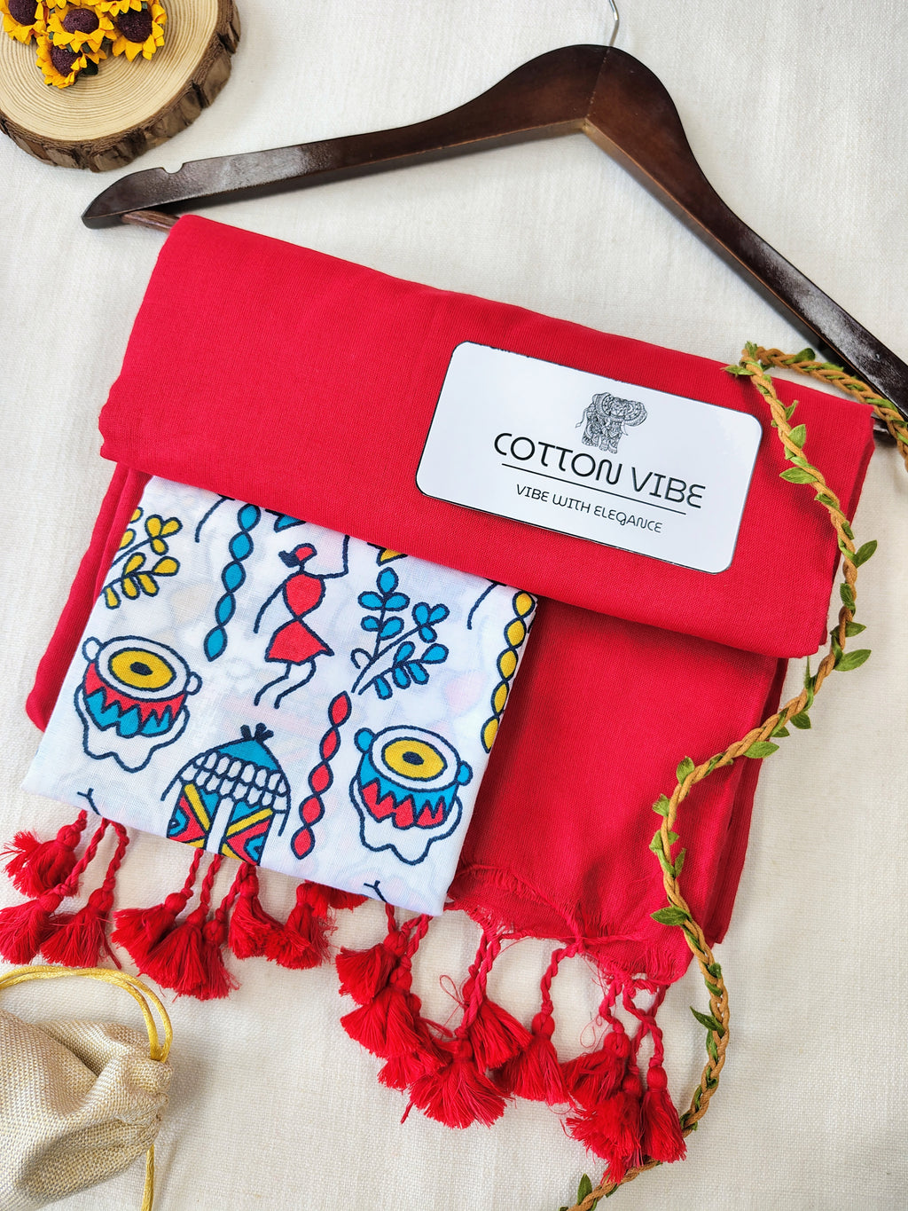 Red Cotton Khadi Saree With Designer Flower Based Printed Blouse