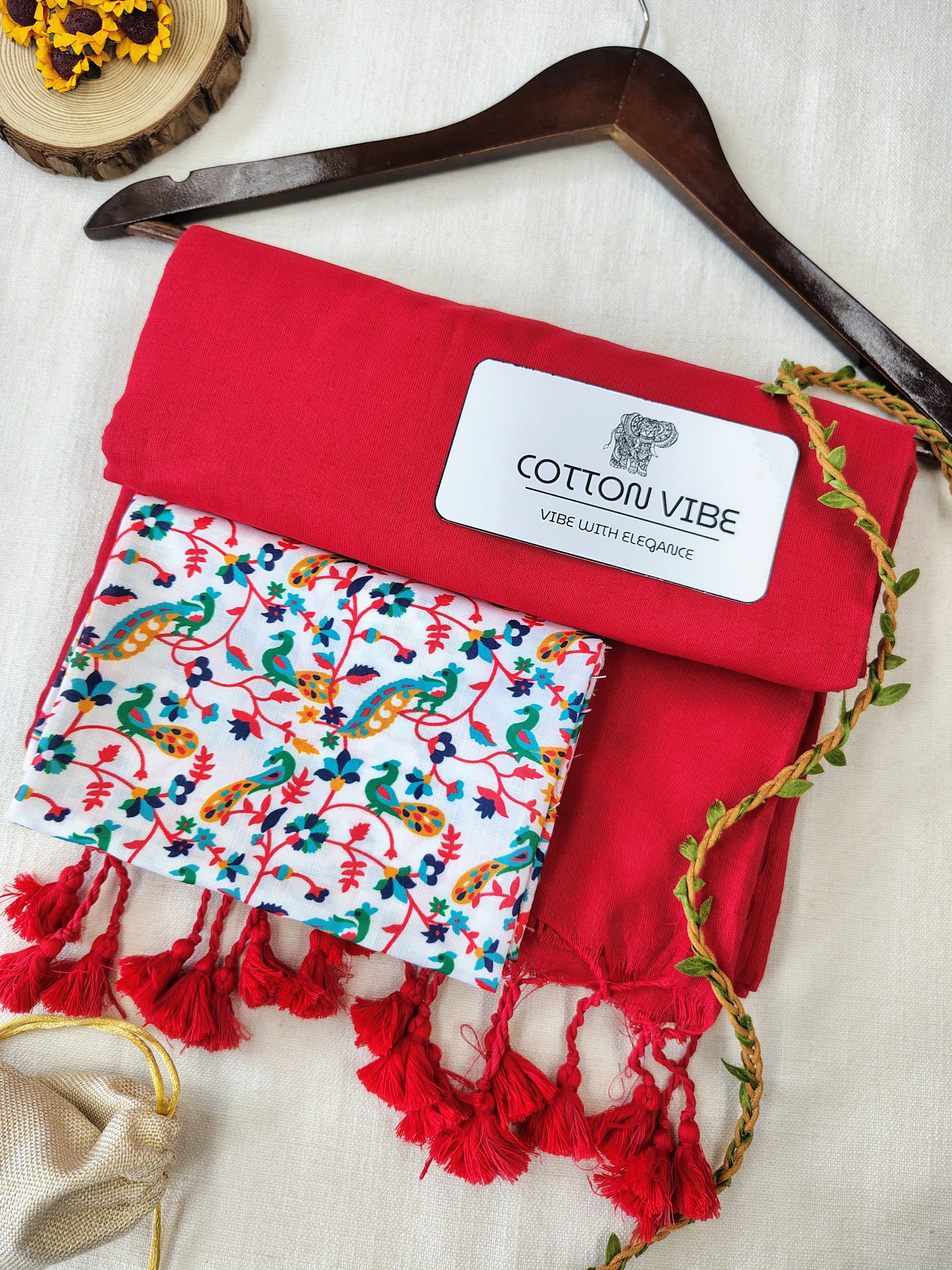 Red Cotton Khadi Saree With Designer Flower Based Printed Blouse