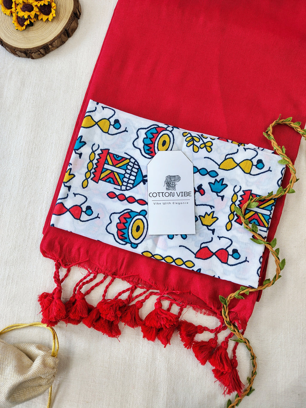 Red Cotton Khadi Saree With Designer Flower Based Printed Blouse