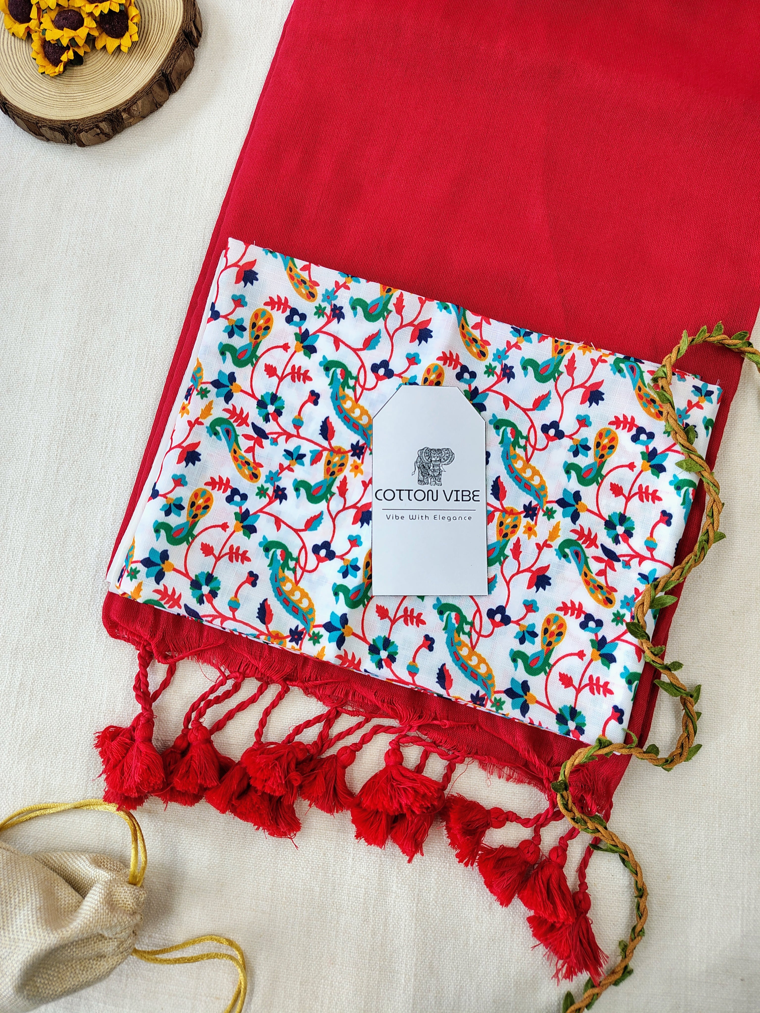 Red Cotton Khadi Saree With Designer Flower Based Printed Blouse