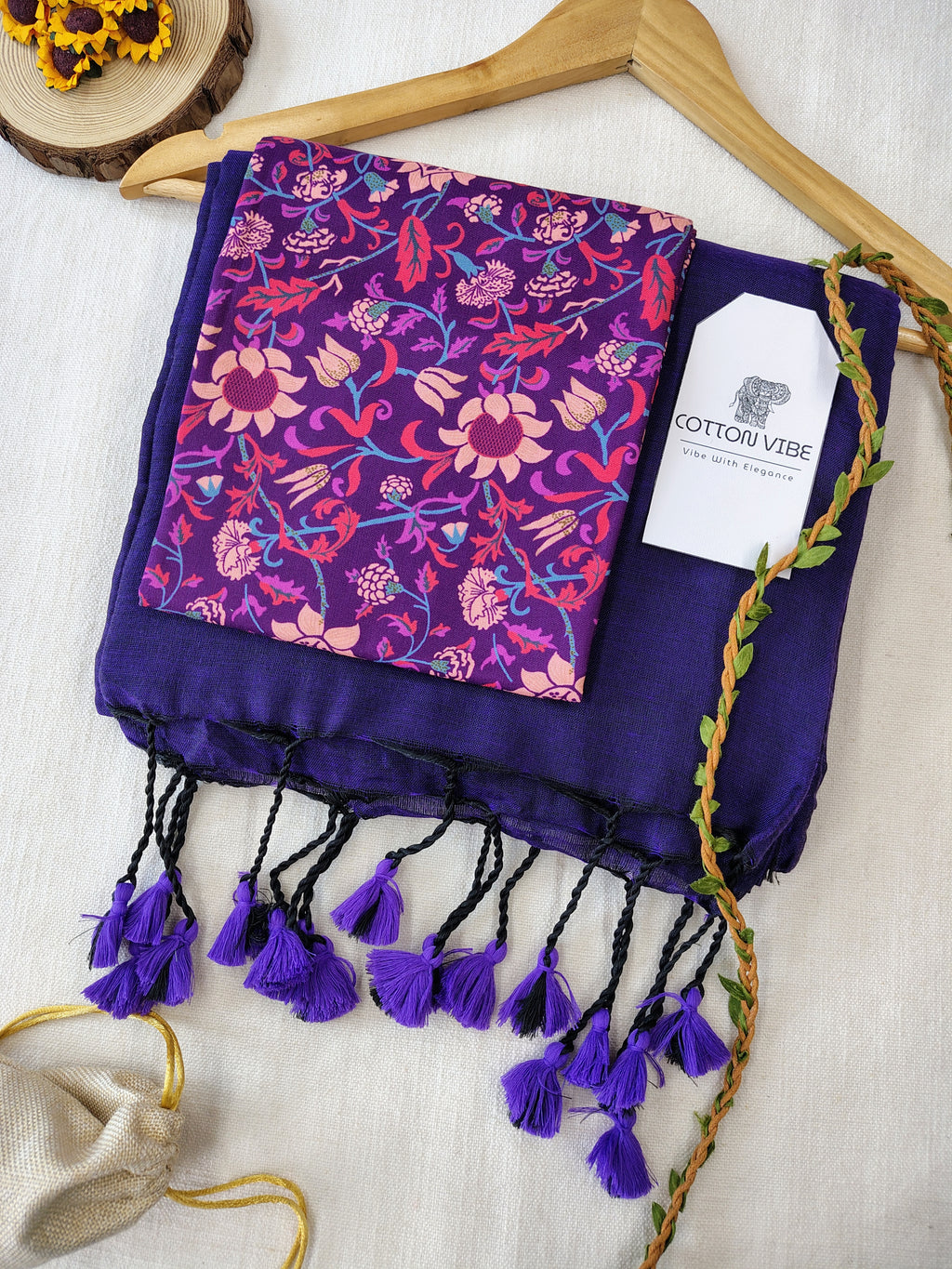 Navy blue Cotton Khadi Saree With Designer Flower Based Printed Blouse