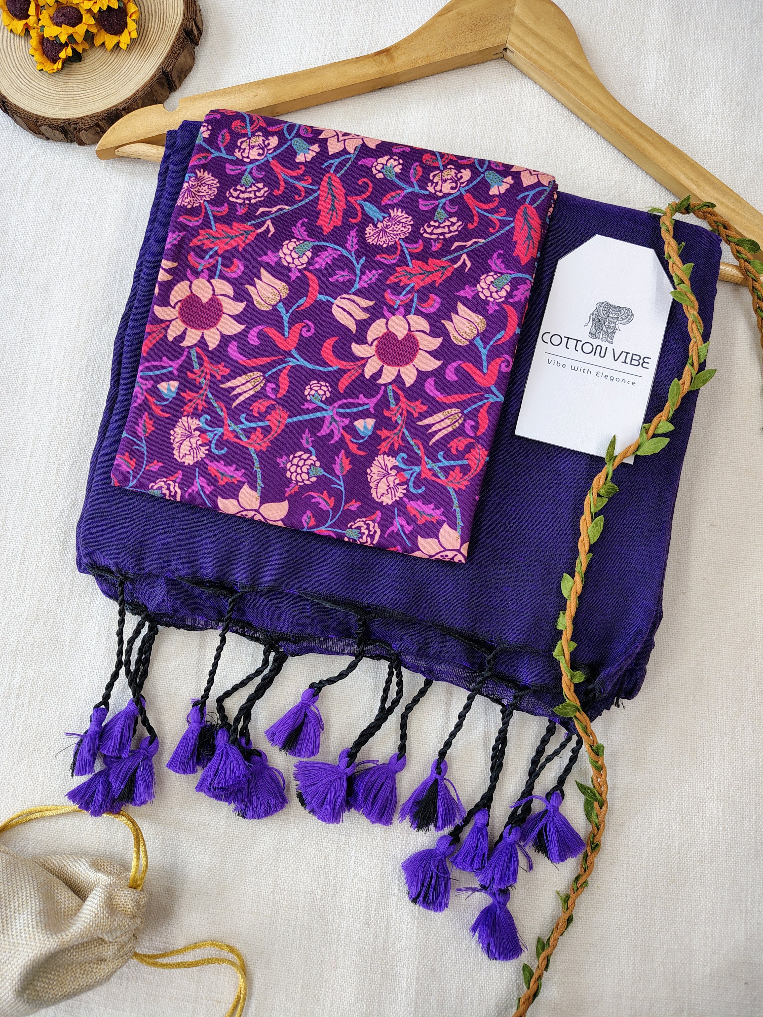 Navy blue Cotton Khadi Saree With Designer Flower Based Printed Blouse