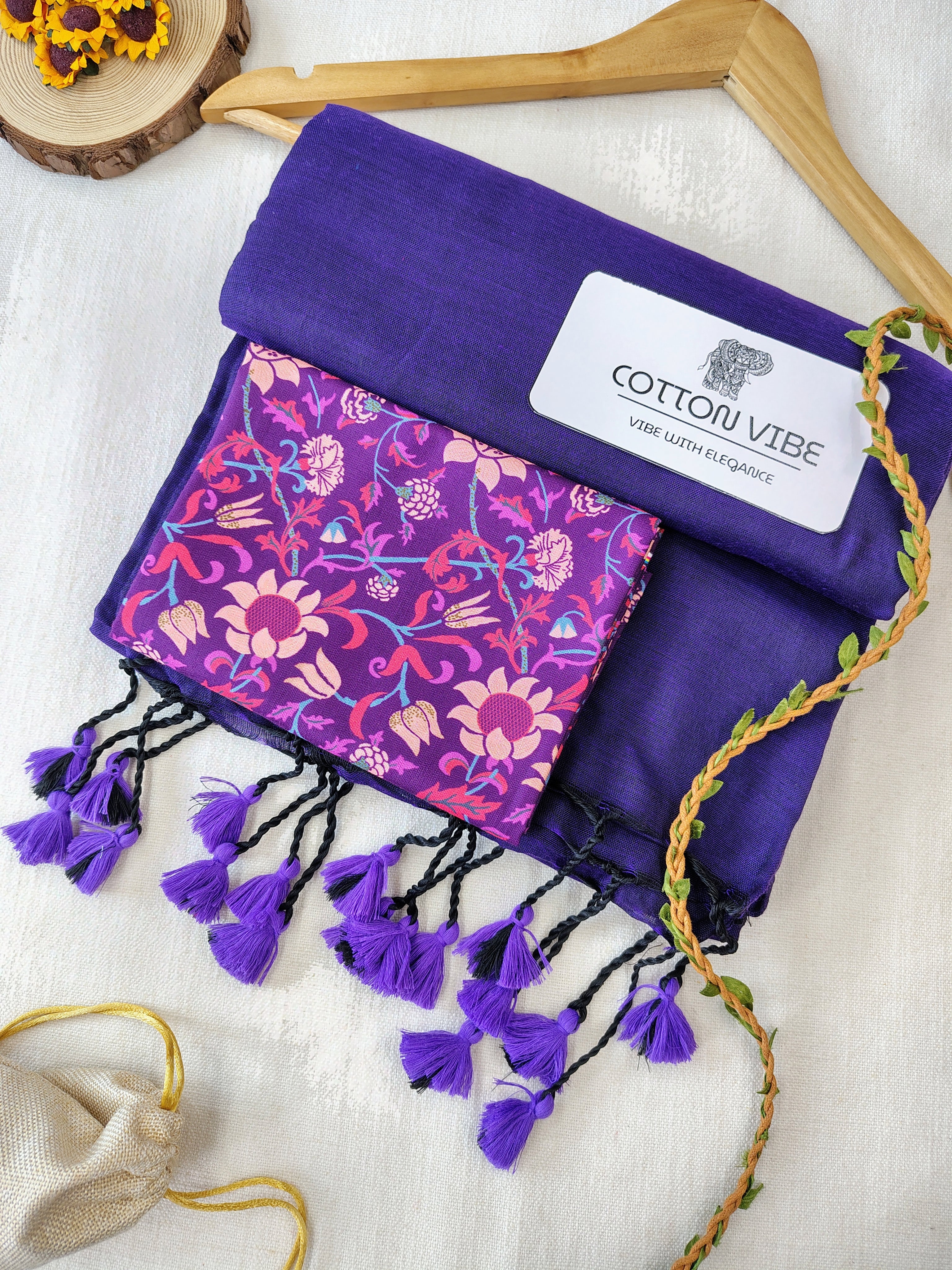 Navy blue Cotton Khadi Saree With Designer Flower Based Printed Blouse