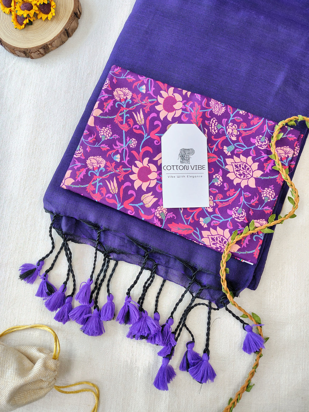 Navy blue Cotton Khadi Saree With Designer Flower Based Printed Blouse