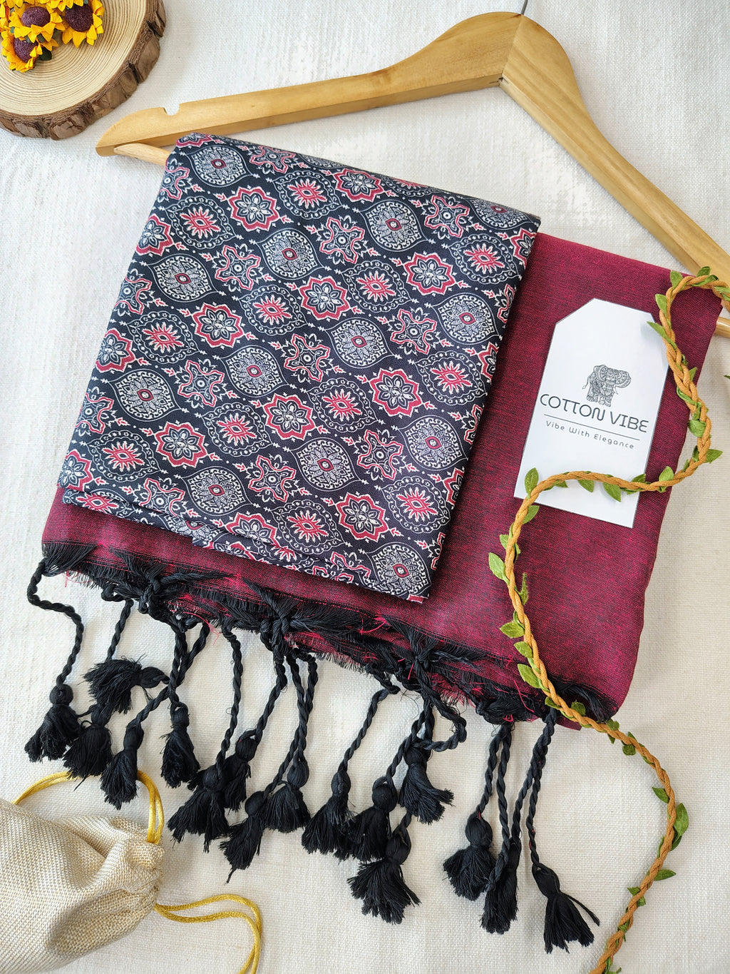 Maroon Cotton Khadi Saree With Designer Flower Based Printed Blouse