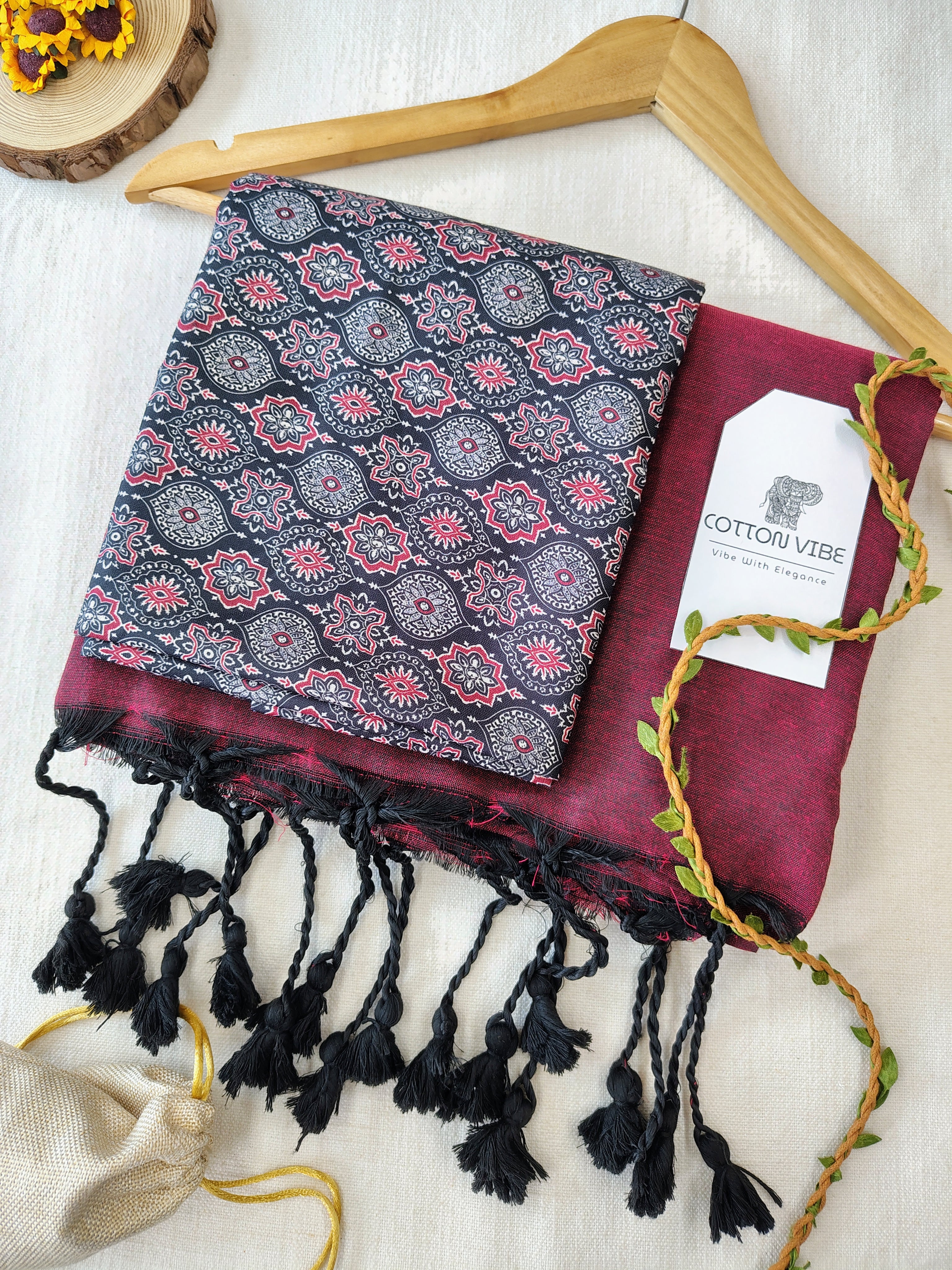 Maroon Cotton Khadi Saree With Designer Flower Based Printed Blouse