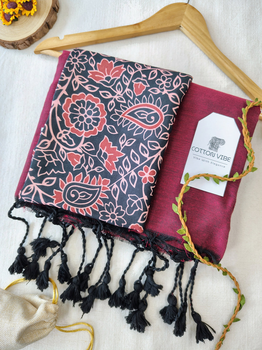 Maroon Cotton Khadi Saree With Designer Flower Based Printed Blouse