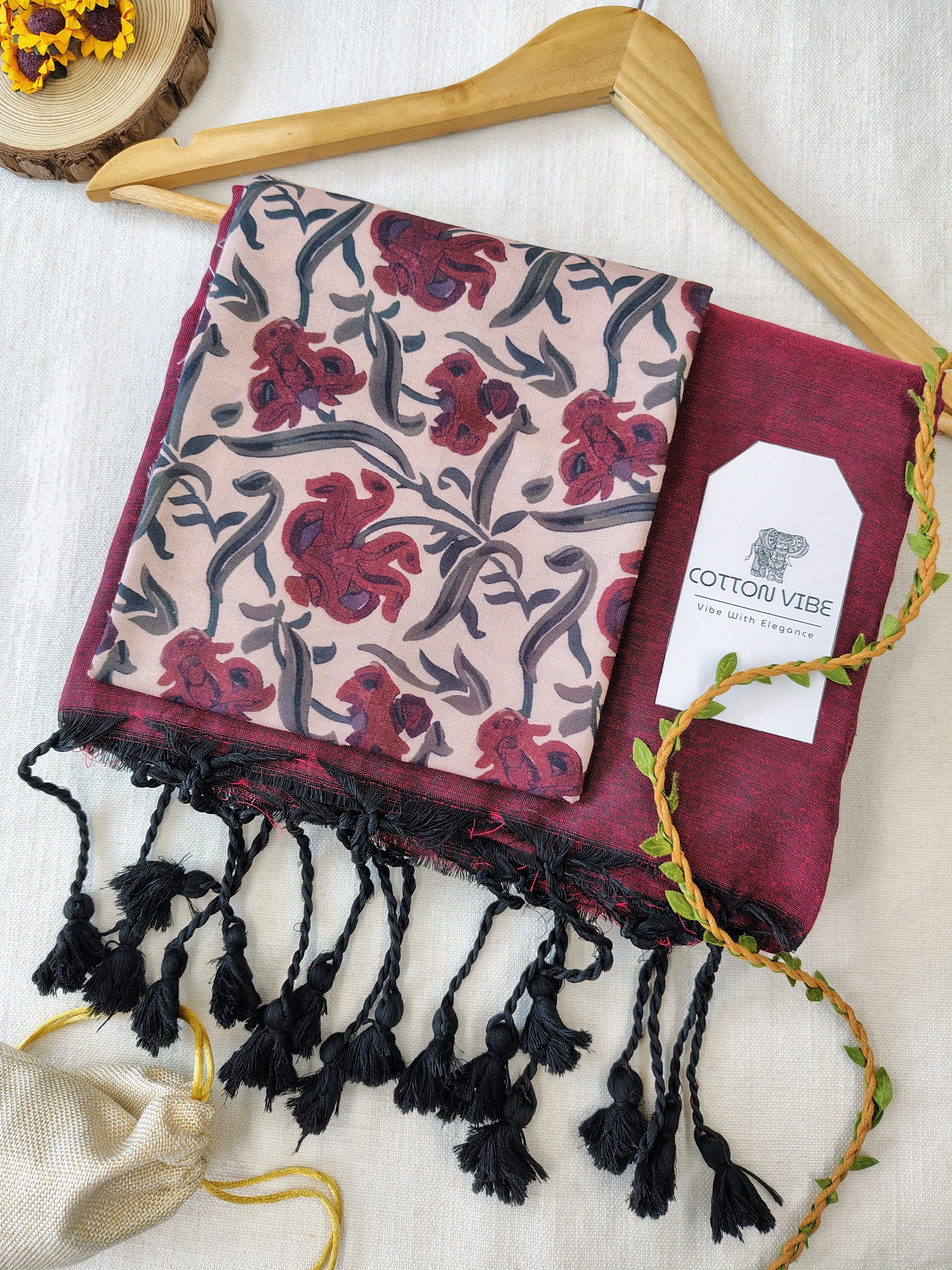 Maroon Cotton Khadi Saree With Designer Flower Based Printed Blouse