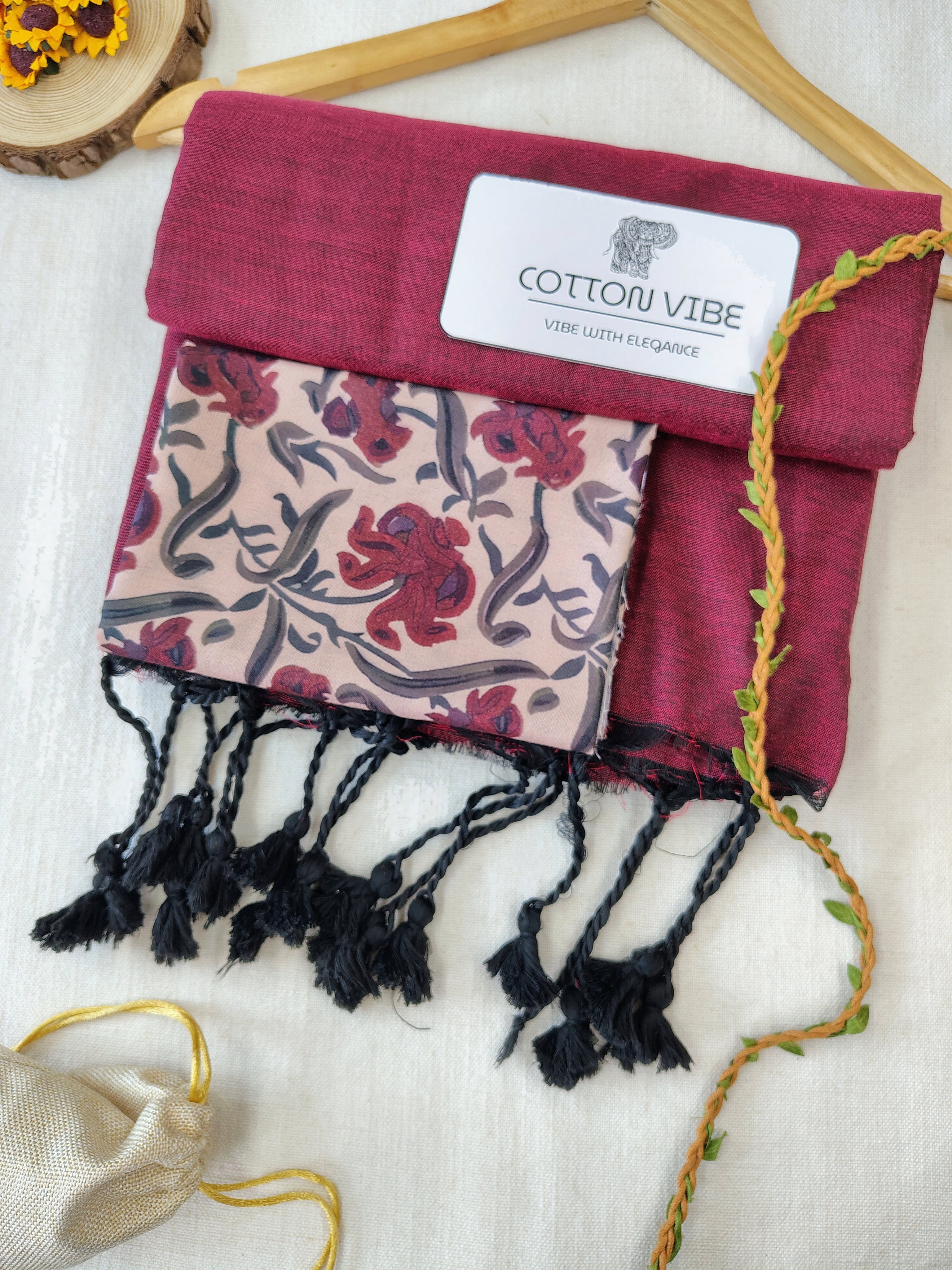 Maroon Cotton Khadi Saree With Designer Flower Based Printed Blouse