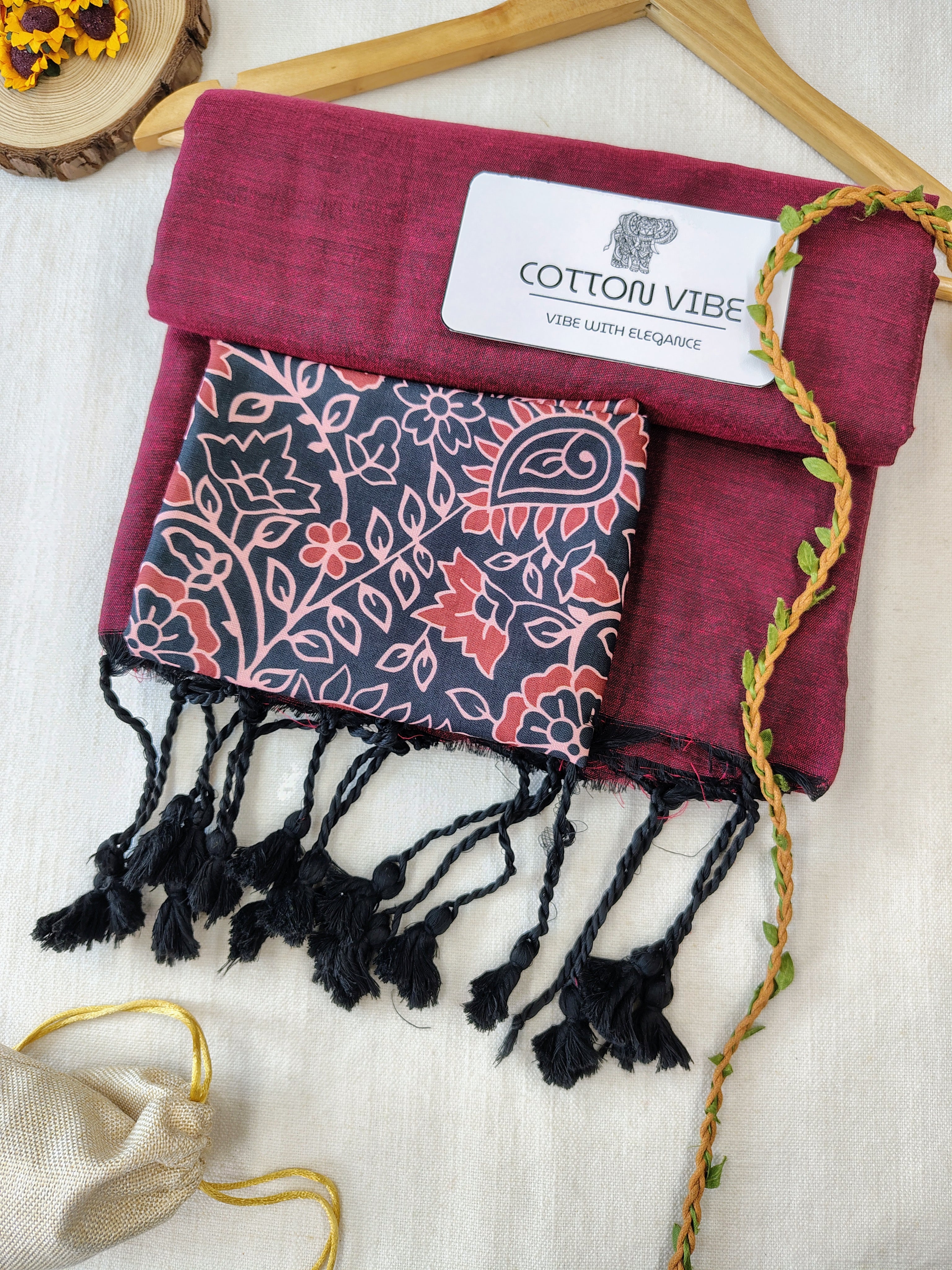 Maroon Cotton Khadi Saree With Designer Flower Based Printed Blouse