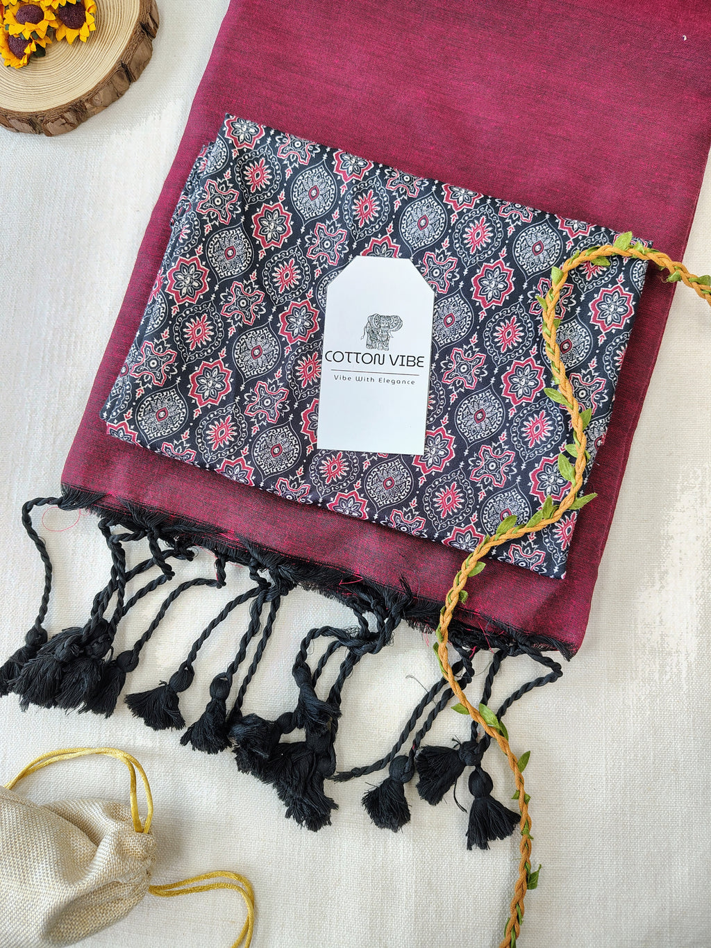 Maroon Cotton Khadi Saree With Designer Flower Based Printed Blouse