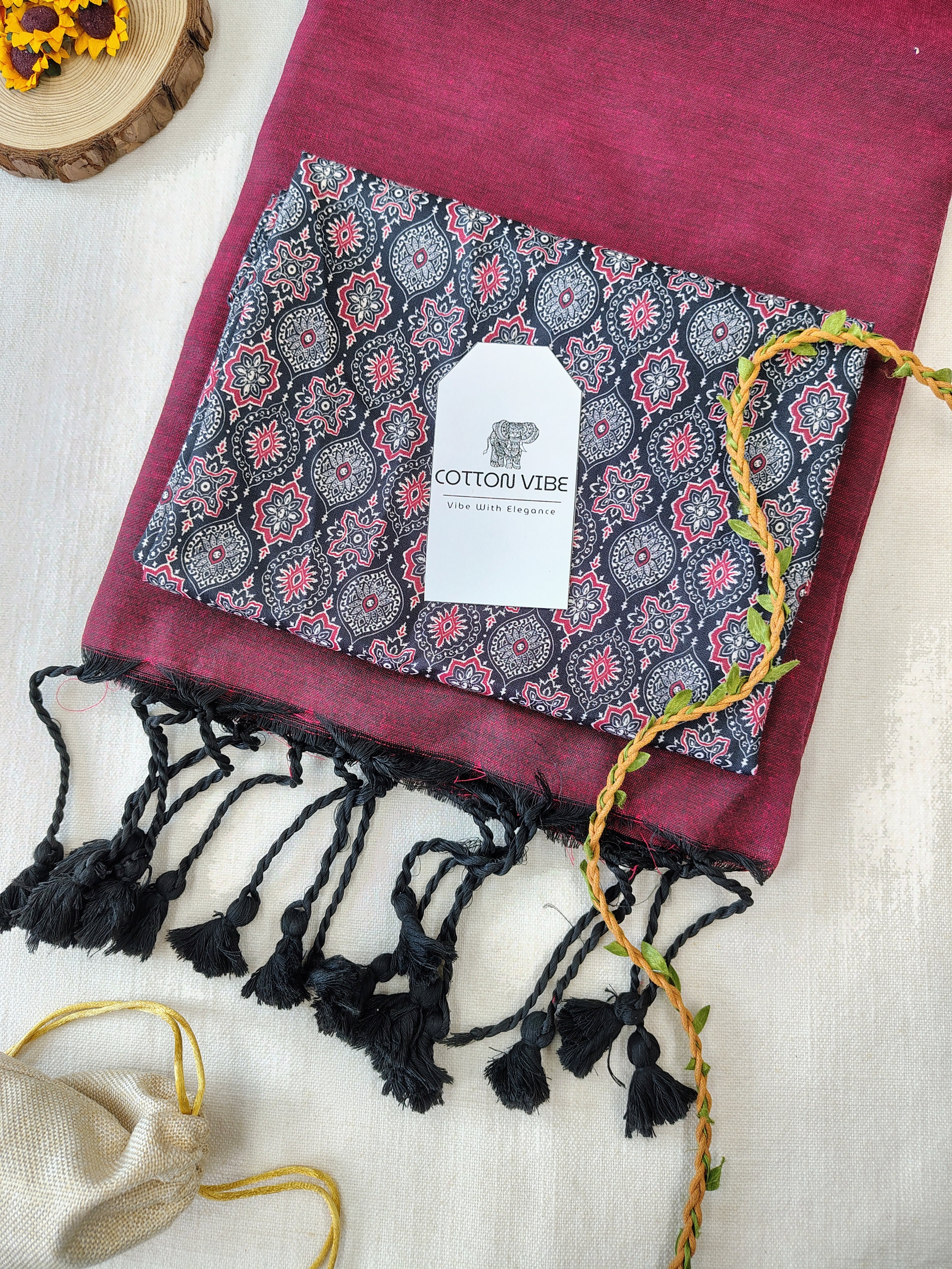 Maroon Cotton Khadi Saree With Designer Flower Based Printed Blouse