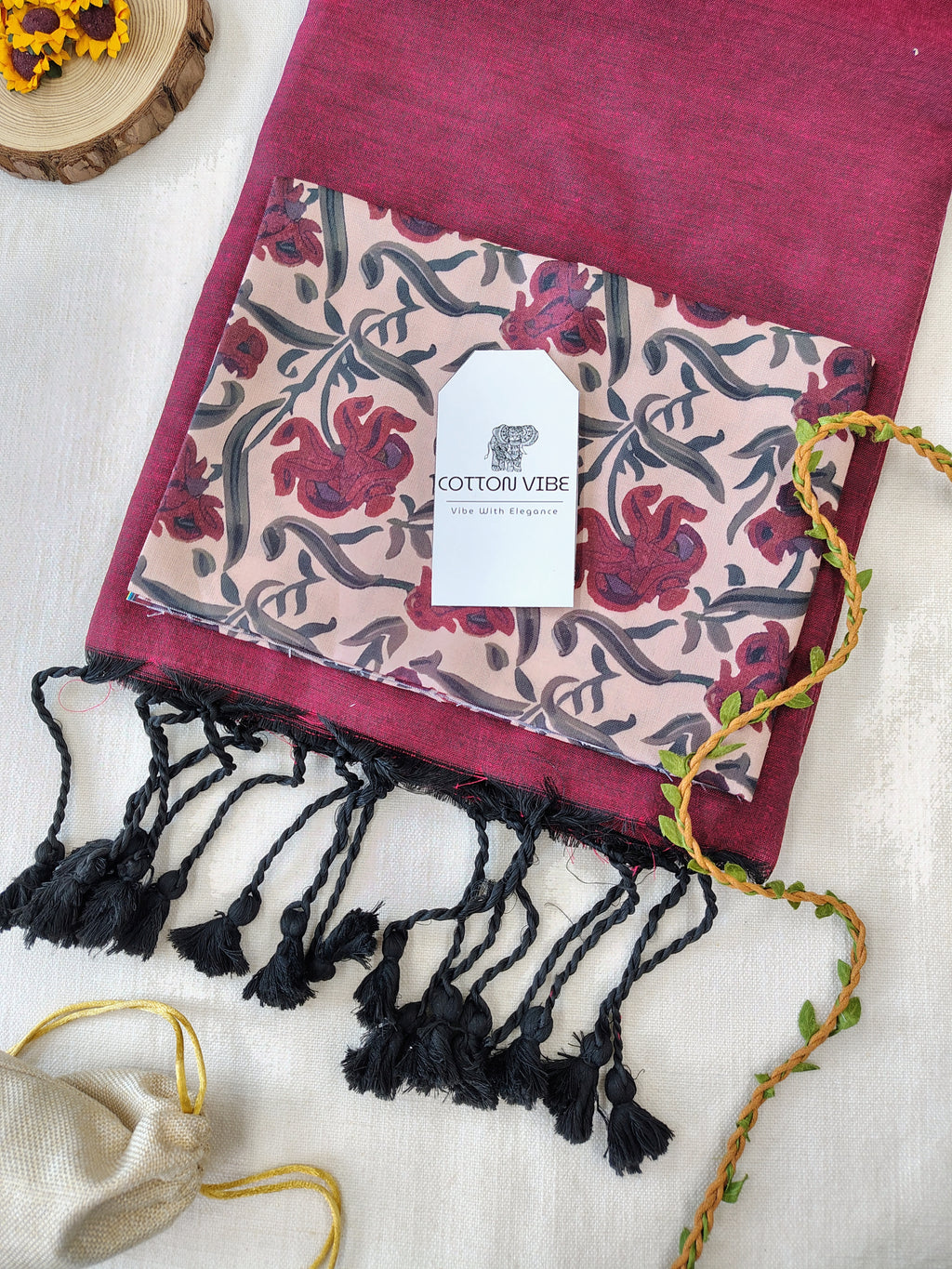 Maroon Cotton Khadi Saree With Designer Flower Based Printed Blouse