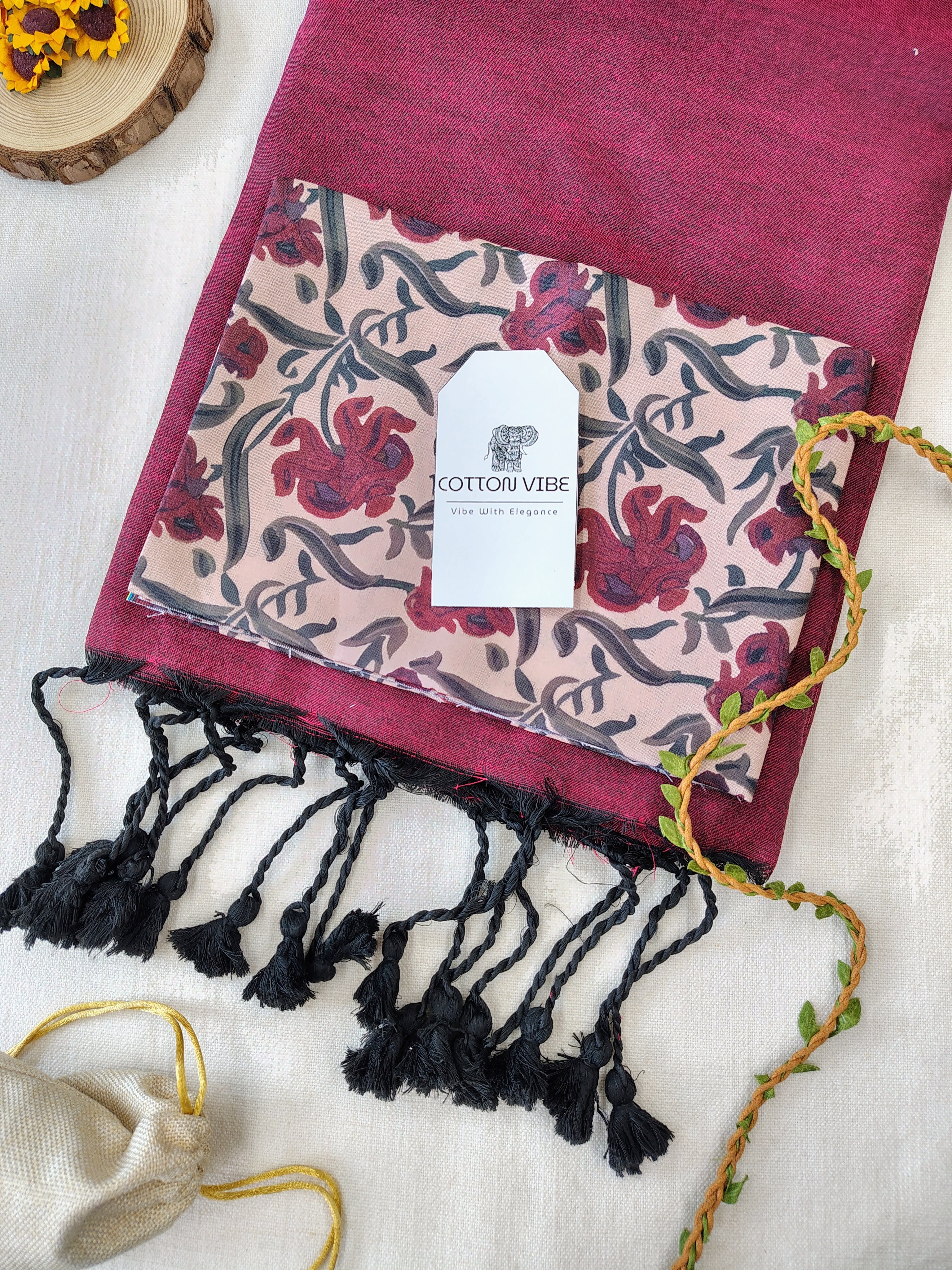 Maroon Cotton Khadi Saree With Designer Flower Based Printed Blouse