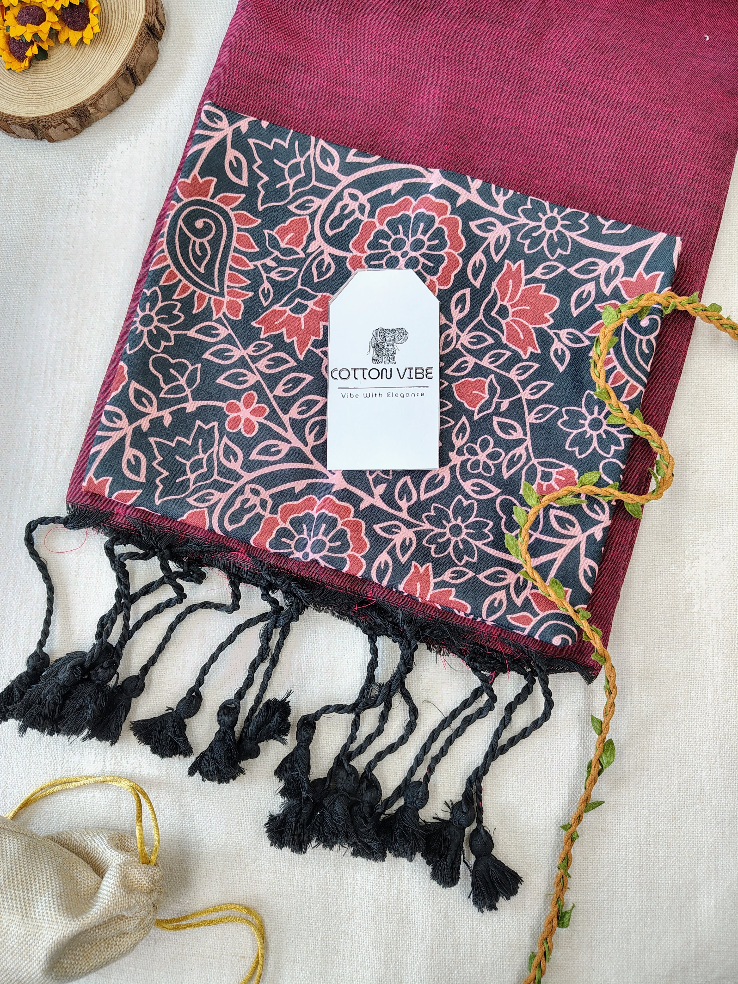 Maroon Cotton Khadi Saree With Designer Flower Based Printed Blouse