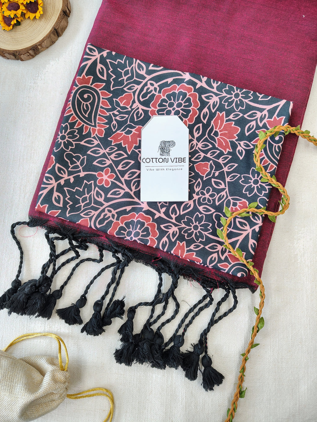 Maroon Cotton Khadi Saree With Designer Flower Based Printed Blouse