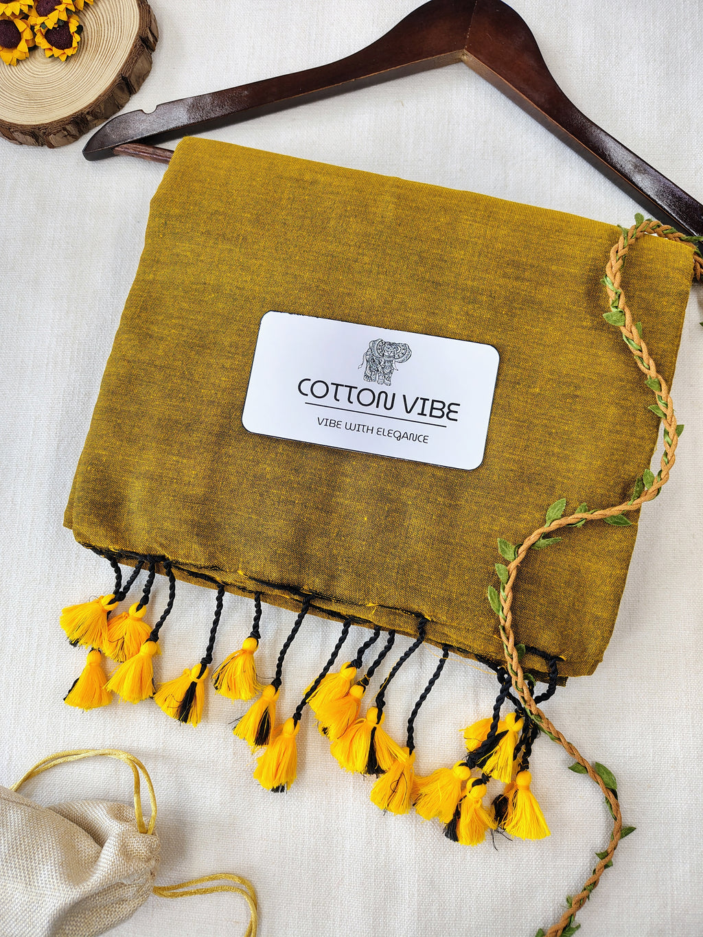 Mustard Cotton Khadi Saree With Designer Flower Based Printed Blouse