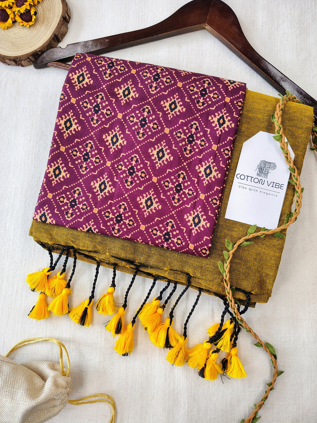 Mustard Cotton Khadi Saree With Designer Flower Based Printed Blouse