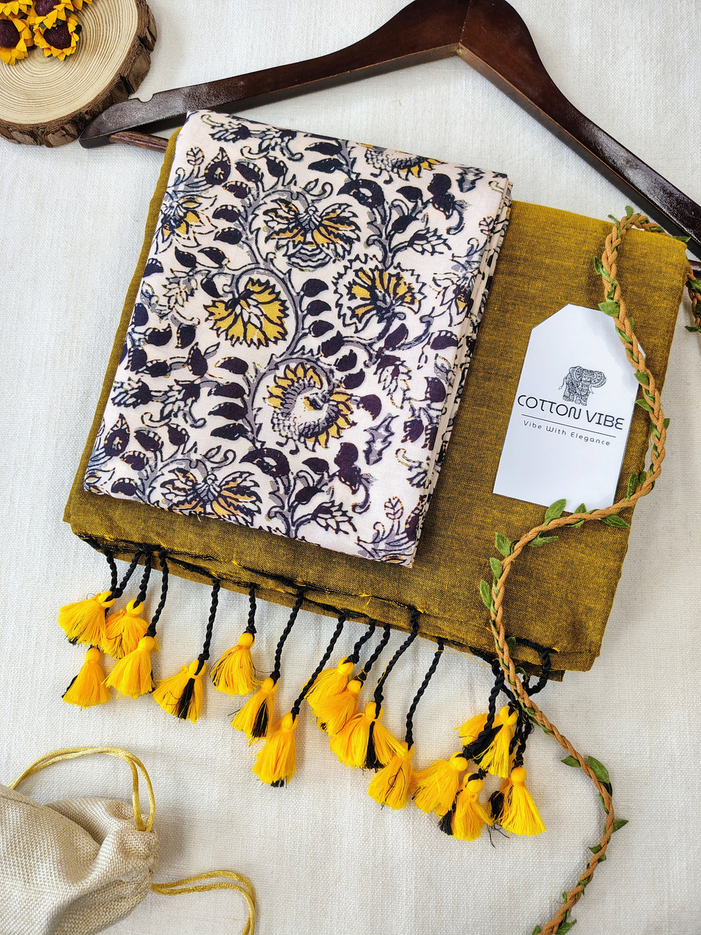 Mustard Cotton Khadi Saree With Designer Flower Based Printed Blouse